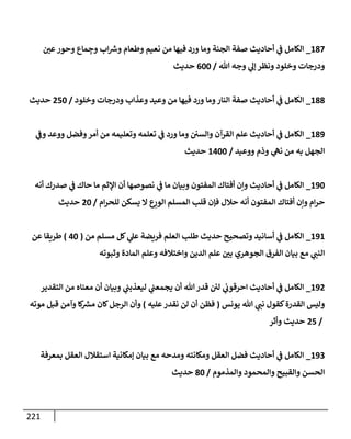 221
187
_
‫عي‬‫وحور‬ ‫مإع‬ ِ
‫وج‬ ‫إب‬ ‫ر‬
‫وش‬ ‫وطعإم‬ ‫نعيم‬ ‫من‬ ‫فيهإ‬ ‫ورد‬ ‫ومإ‬ ‫إلجنة‬ ‫صفة‬ ‫أحإديث‬ ‫ي‬
‫ف‬ ‫إلكإمل‬
‫تل‬ ‫وجه‬ ‫ي‬
‫ؤل‬ ‫ونظر‬ ‫وخلود‬ ‫ودرجإت‬
/
600
‫حديث‬
188
_
‫وخلود‬ ‫ودرجإت‬ ‫وعذإب‬ ‫وعيد‬ ‫من‬ ‫فيهإ‬ ‫ورد‬ ‫ومإ‬‫إلنإر‬ ‫صفة‬ ‫أحإديث‬ ‫ي‬
‫ف‬ ‫إلكإمل‬
/
250
‫حديث‬
189
_
‫ي‬
‫وف‬ ‫ووعد‬ ‫وفضل‬‫أمر‬ ‫من‬ ‫وتعليمه‬ ‫تعلمه‬ ‫ي‬
‫ف‬ ‫ورد‬ ‫ومإ‬ ‫وإلسي‬ ‫إلقرآن‬ ‫علم‬ ‫أحإديث‬ ‫ي‬
‫ف‬ ‫إلكإمل‬
‫ووعيد‬ ‫وذم‬ ‫ي‬
‫نه‬ ‫من‬ ‫به‬ ‫إلجهل‬
/
1400
‫حديث‬
190
_
‫أنه‬ ‫صدرك‬ ‫ي‬
‫ف‬ ‫حإك‬ ‫مإ‬ ‫إؤلثم‬ ‫أن‬ ‫نصوصهإ‬ ‫ي‬
‫ف‬ ‫مإ‬ ‫وبيإن‬ ‫إلمفتون‬ ‫أفتإك‬ ‫وإن‬ ‫أحإديث‬ ‫ي‬
‫ف‬ ‫إلكإمل‬
‫إم‬‫ر‬‫للح‬ ‫يسكن‬ ‫إل‬ ‫ع‬ِ
‫إلور‬ ‫إلمسلم‬ ‫قلب‬ ‫فؤن‬ ‫حةلل‬ ‫أنه‬ ‫إلمفتون‬ ‫أفتإك‬ ‫وإن‬ ‫إم‬‫ر‬‫ح‬
/
20
‫حديث‬
191
_
‫من‬ ‫مسلم‬ ‫كل‬ ‫ي‬
‫عل‬ ‫فريضة‬ ‫إلعلم‬ ‫طلب‬ ‫حديث‬ ‫وتصحيح‬ ‫أسإنيد‬ ‫ي‬
‫ف‬ ‫إلكإمل‬
(
40
)
‫عن‬ ‫طريقإ‬
‫وثبوته‬ ‫إلمإدة‬ ‫وعلم‬ ‫وإختةلفه‬ ‫إلدين‬ ‫علم‬ ‫بي‬ ‫إلجوهري‬ ‫إلفرق‬ ‫بيإن‬ ‫مع‬ ‫ي‬
‫إلنب‬
192
_
‫إلتقدير‬ ‫من‬ ‫معنإه‬ ‫أن‬ ‫وبيإن‬ ‫ي‬
‫ليعذبب‬ ‫ي‬
‫يجمعب‬ ‫أن‬ ‫تل‬ ‫قدر‬ ‫ئ‬
‫لي‬ ‫ي‬
‫إحرقوب‬ ‫أحإديث‬ ‫ي‬
‫ف‬ ‫إلكإمل‬
‫يونس‬ ‫تل‬ ‫ي‬
‫نب‬ ‫كقول‬‫إلقدرة‬ ‫وليس‬
(
‫عليه‬‫نقدر‬ ‫لن‬ ‫أن‬ ‫فظن‬
)
‫موته‬ ‫قبل‬ ‫وآمن‬ ‫كإ‬ ‫ر‬
‫مش‬ ‫كإن‬‫إلرجل‬ ‫وأن‬
/
25
‫وأثر‬ ‫حديث‬
193
_
‫بمعرفة‬ ‫إلعقل‬ ‫إستقةلل‬ ‫ؤمكإنية‬ ‫بيإن‬ ‫مع‬ ‫ومدحه‬ ‫ومكإنته‬ ‫إلعقل‬ ‫فضل‬ ‫أحإديث‬ ‫ي‬
‫ف‬ ‫إلكإمل‬
‫وإلمذموم‬ ‫وإلمحمود‬ ‫وإلقبيح‬ ‫إلحسن‬
/
80
‫حديث‬
 