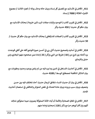 254
411
_
‫روإته‬ ‫وحإل‬ ‫حإله‬ ‫وبيإن‬ ‫ؤسنإد‬ ‫كل‬‫تفصيل‬ ‫مع‬ ‫إألسإنيد‬ ‫ي‬
‫ف‬ ‫إلكإمل‬
/
‫إلثإلث‬ ‫إلجزء‬
/
‫مجموع‬
‫إلثةلثة‬ ‫إء‬‫ز‬‫إألج‬
(
7000
)
‫ؤسنإد‬
412
_
‫كتإب‬‫تقريب‬ ‫ي‬
‫ف‬ ‫إلكإمل‬
(
‫خزيمة‬ ‫إلبن‬ ‫إلرب‬ ‫صفإت‬ ‫وإثبإت‬ ‫إلتوحيد‬
)
‫مع‬ ‫إألسإنيد‬ ‫بحذف‬
‫حديث‬ ‫كل‬‫حكم‬ ‫بيإن‬
/
450
‫وأثر‬ ‫حديث‬
413
_
‫كتإب‬‫تقريب‬ ‫ي‬
‫ف‬ ‫إلكإمل‬
(
‫ي‬
‫للدإرقطب‬ ‫إلصفإت‬
)
‫حديث‬ ‫كل‬‫حكم‬ ‫بيإن‬ ‫مع‬ ‫إألسإنيد‬ ‫بحذف‬
/
50
‫وأثر‬ ‫حديث‬
414
_
‫فوجدت‬ ‫ي‬
‫كتف‬ ‫ي‬
‫عل‬ ‫كفه‬‫فوضع‬ ‫صورة‬ ‫أحسن‬ ‫ي‬
‫ف‬ ‫ي‬
‫رب‬ ‫ي‬
‫أتإب‬ ‫حديث‬ ‫وتصحيح‬ ‫أسإنيد‬ ‫ي‬
‫ف‬ ‫إلكإمل‬
‫من‬ َّ
‫ي‬ ‫ي‬
‫ثدب‬ ‫بي‬ ‫أنإمله‬ ‫برد‬
(
18
)
‫كر‬ِ
‫وذ‬ ‫ي‬
‫إلنب‬ ‫عن‬ ‫طريقإ‬
(
25
)
‫وإبن‬ ‫إلبخإري‬ ‫منهم‬ ‫صححوه‬ ‫ممن‬ ‫ؤمإمإ‬
‫مذي‬ ‫ر‬
‫وإلت‬ ‫حنبل‬
415
_
‫مع‬ ‫وعقوبإت‬ ‫وحدود‬ ‫ووعيد‬ ‫ولعن‬ ‫ذم‬ ‫من‬ ‫فيه‬ ‫ورد‬ ‫ومإ‬ ‫إلدين‬ ‫ي‬
‫ف‬ ‫إلتسإهل‬ ‫أحإديث‬ ‫ي‬
‫ف‬ ‫إلكإمل‬
‫إلوسط‬ ‫لمصطلح‬ ‫إلنإقضة‬ ‫إلدإلئل‬ ‫بيإن‬
/
4100
‫حديث‬
416
_
‫حسن‬ ‫بي‬ ‫فيه‬ ‫لف‬
َ
‫خت‬ ُ‫م‬ ‫آحإد‬ ‫حديث‬ ‫إلرجإل‬ ‫شقإئق‬ ‫إلنسإء‬ ‫حديث‬ ‫أن‬ ‫بيإن‬ ‫ي‬
‫ف‬ ‫إلكإمل‬
‫أحإديث‬ ‫إستعمإل‬ ‫ي‬
‫ف‬ ‫وإلتنإقض‬‫إلمتوإتر‬ ‫نقض‬ ‫ي‬
‫ف‬ ‫إلحدثإء‬ ‫عإدة‬ ‫وبيإن‬ ‫وروده‬ ‫سبب‬ ‫وبيإن‬ ‫وضعيف‬
‫إآلحإد‬
417
_
‫ك‬ِ‫لمإل‬ ‫مملوكي‬ ‫عبيدإ‬ ‫ون‬‫يصت‬ ‫إلمملوكة‬ ‫ة‬ َ‫إألم‬ ‫أبنإء‬ ‫أن‬ ‫وإألئمة‬ ‫إلصحإبة‬ ‫إتفإق‬ ‫ي‬
‫ف‬ ‫إلكإمل‬
‫كر‬ِ
‫ذ‬ ‫مع‬ ‫إ‬‫ر‬‫ح‬ ‫أبوهم‬ ‫كإن‬‫وإن‬ ‫هم‬ ِّ‫أم‬
(
120
)
‫منهم‬ ‫وإمإمإ‬ ‫صحإبيإ‬
 