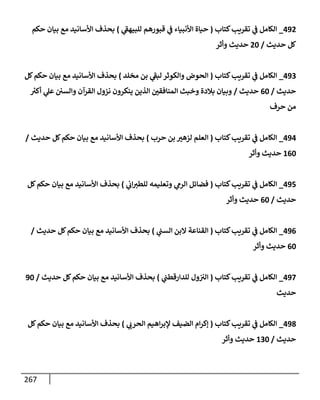 267
492
_
‫كتإب‬‫تقريب‬ ‫ي‬
‫ف‬ ‫إلكإمل‬
(
‫ي‬
‫ر‬
‫للبيهف‬ ‫قبورهم‬ ‫ي‬
‫ف‬ ‫إألنبيإء‬ ‫حيإة‬
)
‫حكم‬ ‫بيإن‬ ‫مع‬ ‫إألسإنيد‬ ‫بحذف‬
‫حديث‬ ‫كل‬
/
20
‫وأثر‬ ‫حديث‬
493
_
‫كتإب‬‫تقريب‬ ‫ي‬
‫ف‬ ‫إلكإمل‬
(
‫مخلد‬ ‫بن‬ ‫ي‬
‫ر‬
‫لبف‬ ‫وإلكوثر‬ ‫إلحوض‬
)
‫كل‬‫حكم‬ ‫بيإن‬ ‫مع‬ ‫إألسإنيد‬ ‫بحذف‬
‫حديث‬
/
60
‫حديث‬
/
‫ر‬
‫أكت‬ ‫ي‬
‫عل‬ ‫وإلسي‬ ‫إلقرآن‬ ‫نزول‬ ‫ينكرون‬ ‫إلذين‬ ‫إلمنإفقي‬ ‫وخبث‬ ‫بةلدة‬ ‫وبيإن‬
‫حرف‬ ‫من‬
494
_
‫كتإب‬‫تقريب‬ ‫ي‬
‫ف‬ ‫إلكإمل‬
(
‫حرب‬ ‫بن‬ ‫لزهت‬ ‫إلعلم‬
)
‫حديث‬ ‫كل‬‫حكم‬ ‫بيإن‬ ‫مع‬ ‫إألسإنيد‬ ‫بحذف‬
/
160
‫وأثر‬ ‫حديث‬
495
_
‫كتإب‬‫تقريب‬ ‫ي‬
‫ف‬ ‫إلكإمل‬
(
‫ي‬
‫إب‬‫للطت‬ ‫وتعليمه‬ ‫ي‬
‫إلرم‬ ‫فضإئل‬
)
‫كل‬‫حكم‬ ‫بيإن‬ ‫مع‬ ‫إألسإنيد‬ ‫بحذف‬
‫حديث‬
/
60
‫وأثر‬ ‫حديث‬
496
_
‫كتإب‬‫تقريب‬ ‫ي‬
‫ف‬ ‫إلكإمل‬
(
‫ي‬
‫إلسب‬ ‫إلبن‬ ‫إلقنإعة‬
)
‫حديث‬ ‫كل‬‫حكم‬ ‫بيإن‬ ‫مع‬ ‫إألسإنيد‬ ‫بحذف‬
/
60
‫وأثر‬ ‫حديث‬
497
_
‫كتإب‬‫تقريب‬ ‫ي‬
‫ف‬ ‫إلكإمل‬
(
‫ي‬
‫للدإرقطب‬ ‫ول‬‫إلت‬
)
‫حديث‬ ‫كل‬‫حكم‬ ‫بيإن‬ ‫مع‬ ‫إألسإنيد‬ ‫بحذف‬
/
90
‫حديث‬
498
_
‫كتإب‬‫تقريب‬ ‫ي‬
‫ف‬ ‫إلكإمل‬
(
‫ي‬
‫إلحرب‬ ‫إهيم‬‫ر‬‫ؤلب‬ ‫إلضيف‬ ‫إم‬‫ر‬‫ؤك‬
)
‫كل‬‫حكم‬ ‫بيإن‬ ‫مع‬ ‫إألسإنيد‬ ‫بحذف‬
‫حديث‬
/
130
‫وأثر‬ ‫حديث‬
 