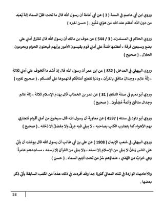 53
‫إلسنة‬ ‫ي‬
‫ف‬ ‫عإصم‬ ‫ي‬
‫أب‬ ‫إبن‬ ‫وروي‬
(
3
)
‫د‬َ‫عب‬
ُ
‫ي‬
ٌ
‫ؤله‬ ‫إلسمإء‬ ِّ‫ظل‬ ‫تحت‬ ‫مإ‬ ‫قإل‬ ‫تل‬ ‫رسول‬ ‫أن‬ ‫أمإمة‬ ‫ي‬
‫أب‬ ‫عن‬
‫ع‬َ‫ب‬
َّ
‫ت‬ ُ‫م‬ ‫ي‬ ً
‫هو‬ ‫من‬ ‫تل‬ ‫عند‬ ‫أعظم‬ ‫تل‬ ‫دون‬ ‫من‬
.
(
‫ه‬‫لغت‬ ‫حسن‬
)
‫إلمستدرك‬ ‫ي‬
‫ف‬ ‫إلحإكم‬ ‫وروي‬
(
3
/
544
)
‫ي‬
‫عل‬ ‫ي‬
‫ر‬
‫أمب‬ ‫ق‬ ‫ر‬
‫تفت‬ ‫قإل‬ ‫تل‬ ‫رسول‬ ‫أن‬ ‫مإلك‬ ‫بن‬ ‫عوف‬ ‫عن‬
‫ويحرمون‬ ‫إم‬‫ر‬‫إلح‬ ‫فيحلون‬ ‫أيهم‬‫ر‬‫ب‬ ‫إألمور‬ ‫يقيسون‬ ‫قوم‬ ‫ي‬
‫ر‬
‫أمب‬ ‫ي‬
‫عل‬
ً
‫فتنة‬ ‫أعظمهإ‬ ، ‫فرقة‬ ‫وسبعي‬ ‫بضع‬
‫إلحةلل‬
.
(
‫صحيح‬
)
‫إلمدخل‬ ‫ي‬
‫ف‬ ‫ي‬
‫ر‬
‫إلبيهف‬ ‫وروي‬
(
832
)
‫ثةلثة‬ ‫ي‬
‫ر‬
‫أمب‬ ‫ي‬
‫عل‬ ‫أتخوف‬ ‫مإ‬ ‫أشد‬ ‫ؤن‬ ‫قإل‬ ‫تل‬ ‫رسول‬ ‫أن‬ ‫عمر‬ ‫إبن‬ ‫عن‬
‫أنفسكم‬ ‫ي‬
‫عل‬ ‫فإتهموهإ‬ ‫أعنإقكم‬ ‫تقطع‬ ‫ودنيإ‬ ، ‫بإلقرآن‬ ٍ
‫منإفق‬ ُ‫دإل‬ ِ
‫وج‬ ، ‫م‬ِ‫عإل‬
ُ
‫ة‬
َّ
‫زل‬ ،
.
(
‫ه‬‫لغت‬ ‫صحيح‬
)
‫إلنفإق‬ ‫صفة‬ ‫ي‬
‫ف‬ ‫نعيم‬ ‫أبو‬ ‫وروي‬
(
31
)
‫عإلم‬ ‫زلة‬ ، ‫ثةلثة‬ ‫إؤلسةلم‬ ‫يهدم‬ ‫قإل‬ ‫إلخطإب‬ ‫بن‬ ‫عمر‬ ‫عن‬
‫ون‬
ُّ
‫ل‬ ِ
‫ض‬ ُ‫م‬
ٌ
‫وأئمة‬ ‫منإفق‬ ‫دإل‬ ِ
‫وج‬
.
(
‫صحيح‬
)
‫سننه‬ ‫ي‬
‫ف‬ ‫دإود‬ ‫أبو‬ ‫وروي‬
(
4597
)
‫تتجإري‬ ‫أقوإم‬ ‫ي‬
‫ر‬
‫أمب‬ ‫من‬ ‫سيخرج‬ ‫قإل‬ ‫تل‬ ‫رسول‬ ‫أن‬ ‫معإوية‬ ‫عن‬
‫له‬
َ
‫خ‬
َ
‫د‬ ‫ؤإل‬ ٌ‫ل‬ َ
‫فص‬ ِ
‫م‬ ‫وإل‬
ٌ
‫رق‬ ِ
‫ع‬ ‫فيه‬ ‫ي‬
‫ر‬
‫يبف‬ ‫إل‬ ، ‫بصإحبه‬ ‫إلكلب‬ ‫يتجإرب‬ ‫كمإ‬‫إألهوإء‬ ‫بهم‬
.
(
‫صحيح‬
)
‫إؤليمإن‬ ‫شعب‬ ‫ي‬
‫ف‬ ‫ي‬
‫ر‬
‫إلبيهف‬ ‫وروي‬
(
1908
)
‫ي‬
‫ر‬
‫يأب‬ ‫أن‬ ‫يوشك‬ ‫قإل‬ ‫تل‬ ‫رسول‬ ‫أن‬ ‫طإلب‬ ‫ي‬
‫أب‬ ‫بن‬ ‫ي‬
‫عل‬ ‫عن‬
ٌ
‫عإمرة‬ ‫مسإجدهم‬ ، ‫ه‬ َ‫سم‬ َ
‫ر‬ ‫ؤإل‬ ‫إلقرآن‬ ‫من‬ ‫ي‬
‫ر‬
‫يبف‬ ‫وإل‬ ، ‫ه‬ َ‫إسم‬ ‫ؤإل‬ ‫إؤلسةلم‬ ‫من‬ ‫ي‬
‫ر‬
‫يبف‬ ‫إل‬
ٌ
‫زمإن‬ ‫إلنإس‬ ‫ي‬
‫عل‬
‫إلسمإء‬ ِ
‫يم‬ ِ
‫أد‬ ‫تحت‬ ‫من‬ ُّ ‫ر‬
‫ش‬ ‫علمإؤهم‬ ، ‫ي‬
َ
‫د‬
ُ
‫إله‬ ‫من‬
ٌ
‫إب‬‫ر‬‫خ‬ ‫ي‬
‫وه‬
.
(
‫حسن‬
)
‫كر‬ِ
‫ذ‬ ‫ي‬
‫ر‬
‫يأب‬ ‫إلسإبقة‬ ‫إلكتب‬ ‫من‬
ً
‫دإ‬
َ
‫عد‬ ‫ذلك‬ ‫ي‬
‫ف‬ ‫أفردت‬ ‫وقد‬
َ
‫جدإ‬ ‫ة‬‫كثت‬ ‫ي‬
‫إلمعإب‬ ‫تلك‬ ‫ي‬
‫ف‬ ‫إلوإردة‬ ‫وإألحإديث‬
‫بعضهإ‬
.
 