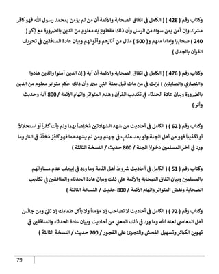 79
‫وكتإب‬
‫رقم‬
(
428
( )
‫كإفر‬‫فهو‬ ‫تل‬ ‫رسول‬ ‫بمحمد‬ ‫يؤمن‬ ‫لم‬ ‫من‬ ‫أن‬ ‫وإألئمة‬ ‫إلصحإبة‬ ‫إتفإق‬ ‫ي‬
‫ف‬ ‫إلكإمل‬
‫كر‬ِ
‫ذ‬ ‫مع‬ ‫ورة‬‫بإلض‬ ‫إلدين‬ ‫من‬ ‫معلوم‬ ‫به‬ ‫مقطوع‬ ‫ذلك‬ ‫وأن‬ ‫إلرسل‬ ‫من‬ ‫سوإه‬ ‫بمن‬ ‫آمن‬ ‫وإن‬ ‫ك‬ ‫ر‬
‫مش‬
(
240
)
‫و‬ ‫منهم‬ ‫وإمإمإ‬ ‫صحإبيإ‬
(
500
)
‫تحريف‬ ‫ي‬
‫ف‬ ‫إلمنإفقي‬ ‫عإدة‬ ‫وبيإن‬ ‫وأقوإلهم‬ ‫آثإرهم‬ ‫من‬ ‫مثإل‬
‫بإلجدل‬ ‫إلقرآن‬
)
‫رقم‬ ‫وكتإب‬
(
476
)
(
‫آية‬ ‫أن‬ ‫وإألئمة‬ ‫إلصحإبة‬ ‫إتفإق‬ ‫ي‬
‫ف‬ ‫إلكإمل‬
(
‫هإدوإ‬ ‫وإلذين‬ ‫آمنوإ‬ ‫إلذين‬ ‫ؤن‬
‫وإلصإبئي‬ ‫وإلنصإري‬
)
‫إلدين‬ ‫من‬ ‫معلوم‬ ‫متوإتر‬ ‫حكم‬ ‫ذلك‬ ‫وأن‬ ‫دمحم‬ ‫ي‬
‫إلنب‬ ‫بعثة‬ ‫قبل‬ ‫مإت‬ ‫من‬ ‫ي‬
‫ف‬ ‫نزلت‬
‫إألئمة‬ ‫وإتهإم‬‫إلمتوإتر‬ ‫وهدم‬ ‫إلقرآن‬ ‫تكذيب‬ ‫ي‬
‫ف‬ ‫إلحدثإء‬ ‫عإدة‬ ‫وبيإن‬ ‫ورة‬‫بإلض‬
/
800
‫وحديث‬ ‫آية‬
‫وأثر‬
)
‫رقم‬ ‫وكتإب‬
(
62
)
(
ً
‫إستحةلال‬ ‫أو‬
ً
‫إ‬‫ر‬‫كف‬‫يأت‬ ‫ولم‬ ‫بهمإ‬
ً
‫صإ‬ِ‫خل‬ ُ‫م‬ ‫إلشهإدتي‬ ‫شهد‬ ‫من‬ ‫أحإديث‬ ‫ي‬
‫ف‬ ‫إلكإمل‬
‫ومإ‬‫إلنإر‬ ‫ي‬
‫ف‬
ٌ
‫د‬
َّ
‫خل‬ ُ‫م‬ ٌ
‫ر‬ ِ‫كإف‬‫فهو‬ ‫يشهدهمإ‬ ‫لم‬ ‫ومن‬ ‫جهنم‬ ‫ي‬
‫ف‬ ٍ
‫عذإب‬ ‫بعد‬ ‫ولو‬ ‫إلجنة‬ ‫أهل‬ ‫من‬ ‫فهو‬
ً
‫تكذيبإ‬ ‫أو‬
‫إلجنة‬
ً
‫دخوال‬ ‫إلمسلمي‬ ‫آخر‬ ‫ي‬
‫ف‬ ‫ورد‬
/
800
‫حديث‬
/
‫إلثإلثة‬ ‫إلنسخة‬
)
‫رقم‬ ‫وكتإب‬
(
51
( )
‫مسإوإتهم‬ ‫عدم‬ ‫ؤيجإب‬ ‫ي‬
‫ف‬ ‫ورد‬ ‫ومإ‬ ‫إلذمة‬ ‫أهل‬ ‫وط‬ ‫ر‬
‫ش‬ ‫أحإديث‬ ‫ي‬
‫ف‬ ‫إلكإمل‬
‫تكذيب‬ ‫ي‬
‫ف‬ ‫وإلمنإفقي‬ ‫إلحدثإء‬ ‫عإدة‬ ‫وبيإن‬ ‫ذلك‬ ‫ي‬
‫عل‬ ‫وإألئمة‬ ‫إلصحإبة‬ ‫إتفإق‬ ‫وبيإن‬ ‫بإلمسلمي‬
‫إألئمة‬ ‫وإتهإم‬‫إلمتوإتر‬ ‫ونقض‬ ‫إلصحإبة‬
/
800
‫حديث‬
/
‫إلثإلثة‬ ‫إلنسخة‬
)
‫رقم‬ ‫وكتإب‬
(
72
( )
َ
‫س‬
َ
‫جإل‬ ‫ومن‬ ّ
‫ي‬
‫ر‬
‫تف‬ ‫ؤإل‬ ‫طعإمك‬ ‫يأكل‬ ‫وإل‬
ً
‫مؤمنإ‬ ‫ؤإل‬ ‫تصإحب‬ ‫إل‬ ‫أحإديث‬ ‫ي‬
‫ف‬ ‫إلكإمل‬
‫ي‬
‫ف‬ ‫وإلمنإفقي‬ ‫إلحدثإء‬ ‫عإدة‬ ‫وبيإن‬ ‫أحإديث‬ ‫من‬ ‫ي‬
‫إلمعب‬ ‫ذلك‬ ‫ي‬
‫ف‬ ‫ورد‬ ‫ومإ‬ ‫تل‬ ‫لعنه‬ ‫ي‬
‫إلمعإص‬ ‫أهل‬
‫إلفجور‬ ‫ي‬
‫عل‬ ‫وإلتجرئ‬ ‫إلفحش‬ ‫وتسهيل‬‫إلكبإئر‬ ‫تهوين‬
/
700
‫حديث‬
/
‫إلثإلثة‬ ‫إلنسخة‬
)
 