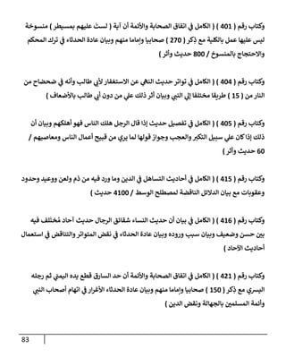 83
‫رقم‬ ‫وكتإب‬
(
401
( )
‫آية‬ ‫أن‬ ‫وإألئمة‬ ‫إلصحإبة‬ ‫إتفإق‬ ‫ي‬
‫ف‬ ‫إلكإمل‬
(
‫بمسيطر‬ ‫عليهم‬
َ
‫لست‬
)
‫منسوخة‬
‫كر‬ِ
‫ذ‬ ‫مع‬ ‫بإلكلية‬ ‫عمل‬ ‫عليهإ‬ ‫ليس‬
(
270
)
‫إلمحكم‬ ‫ترك‬ ‫ي‬
‫ف‬ ‫إلحدثإء‬ ‫عإدة‬ ‫وبيإن‬ ‫منهم‬ ‫وإمإمإ‬ ‫صحإبيإ‬
‫بإلمنسوخ‬ ‫وإإلحتجإج‬
/
800
‫وأثر‬ ‫حديث‬
)
‫رقم‬ ‫وكتإب‬
(
404
( )
‫من‬ ‫ضحضإح‬ ‫ي‬
‫ف‬ ‫وأنه‬ ‫طإلب‬ ‫ي‬
‫ألب‬ ‫إإلستغفإر‬ ‫عن‬ ‫ي‬
‫إلنه‬ ‫حديث‬ ‫توإتر‬ ‫ي‬
‫ف‬ ‫إلكإمل‬
‫من‬ ‫إلنإر‬
(
15
)
‫بإألضعإف‬ ‫طإلب‬ ‫ي‬
‫أب‬ ‫دون‬ ‫من‬ ‫ي‬
‫عل‬ ‫ذلك‬ ‫أثر‬ ‫وبيإن‬ ‫ي‬
‫إلنب‬ ‫ي‬
‫ؤل‬ ‫مختلفإ‬ ‫طريقإ‬
)
‫رقم‬ ‫وكتإب‬
(
405
( )
‫أن‬ ‫وبيإن‬ ‫أهلكهم‬ ‫فهو‬ ‫إلنإس‬ ‫هلك‬ ‫إلرجل‬ ‫قإل‬ ‫ؤذإ‬ ‫حديث‬ ‫تفصيل‬ ‫ي‬
‫ف‬ ‫إلكإمل‬
‫ومعإصيهم‬ ‫إلنإس‬ ‫أعمإل‬ ‫قبيح‬ ‫من‬ ‫يري‬ ‫لمإ‬ ‫قولهإ‬ ‫وجوإز‬ ‫وإلعجب‬‫إلتكت‬ ‫سبيل‬ ‫ي‬
‫عل‬ ‫كإن‬‫ؤذإ‬ ‫ذلك‬
/
60
‫حديث‬
‫وأثر‬
)
‫رقم‬ ‫وكتإب‬
(
415
( )
‫إلكإمل‬
‫ي‬
‫ف‬
‫وحدود‬ ‫ووعيد‬ ‫ولعن‬ ‫ذم‬ ‫من‬ ‫فيه‬ ‫ورد‬ ‫ومإ‬ ‫إلدين‬ ‫ي‬
‫ف‬ ‫إلتسإهل‬ ‫أحإديث‬
‫إلوسط‬ ‫لمصطلح‬ ‫إلنإقضة‬ ‫إلدإلئل‬ ‫بيإن‬ ‫مع‬ ‫وعقوبإت‬
/
4100
‫حديث‬
)
‫رقم‬ ‫وكتإب‬
(
416
( )
‫إلكإمل‬
‫ي‬
‫ف‬
‫فيه‬ ‫لف‬
َ
‫خت‬ ُ‫م‬ ‫آحإد‬ ‫حديث‬ ‫إلرجإل‬ ‫شقإئق‬ ‫إلنسإء‬ ‫حديث‬ ‫أن‬ ‫بيإن‬
‫إستعمإل‬ ‫ي‬
‫ف‬ ‫وإلتنإقض‬‫إلمتوإتر‬ ‫نقض‬ ‫ي‬
‫ف‬ ‫إلحدثإء‬ ‫عإدة‬ ‫وبيإن‬ ‫وروده‬ ‫سبب‬ ‫وبيإن‬ ‫وضعيف‬ ‫حسن‬ ‫بي‬
‫إآلحإد‬ ‫أحإديث‬
)
‫رقم‬ ‫وكتإب‬
(
421
( )
‫رجله‬ ‫ثم‬ ‫ي‬
‫إليمب‬ ‫يده‬ ‫قطع‬ ‫إلسإرق‬ ‫حد‬ ‫أن‬ ‫وإألئمة‬ ‫إلصحإبة‬ ‫إتفإق‬ ‫ي‬
‫ف‬ ‫إلكإمل‬
‫كر‬ِ
‫ذ‬ ‫مع‬ ‫إليشي‬
(
150
)
‫ي‬
‫إلنب‬ ‫أصحإب‬ ‫إتهإم‬ ‫ي‬
‫ف‬ ‫إر‬‫ر‬‫إألغ‬ ‫إلحدثإء‬ ‫عإدة‬ ‫وبيإن‬ ‫منهم‬ ‫وإمإمإ‬ ‫صحإبيإ‬
‫إلدين‬ ‫ونقض‬ ‫بإلجهإلة‬ ‫إلمسلمي‬ ‫وأئمة‬
)
 