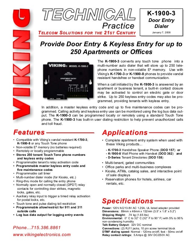 Viking K 1900 3 Door Entry Dialer 250 Apt