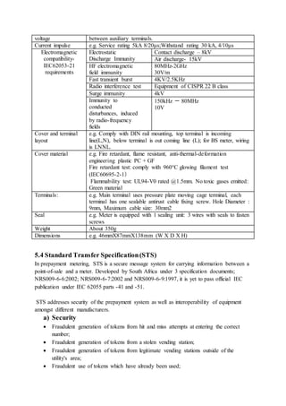 voltage between auxiliary terminals.
Current impulse e.g. Service rating 5kA 8/20μs;Withstand rating 30 kA, 4/10μs
Electromagnetic
compatibility-
IEC62053-21
requirements
Electrostatic
Discharge Immunity
Contact discharge – 8kV
Air discharge- 15kV
HF electromagnetic
field immunity
80MHz-2GHz
30V/m
Fast transient burst 4KV/2.5KHz
Radio interference test Equipment of CISPR 22 B class
Surge immunity 4kV
Immunity to
conducted
disturbances, induced
by radio-frequency
fields
150kHz － 80MHz
10V
Cover and terminal
layout
e.g. Comply with DIN rail mounting, top terminal is incoming
line(L,N), below terminal is out coming line (L); for BS meter, wiring
is LNNL.
Cover material e.g. Fire retardant, flame resistant, anti-thermal-deformation
engineering plastic PC + GF
Fire retardant test: comply with 960°C glowing filament test
(IEC60695-2-1）
Flammability test: UL94-V0 rated @1.5mm. No toxic gases emitted:
Green material
Terminals: e.g. Main terminal uses pressure plate moving cage terminal, each
terminal has one sealable antirust cable fixing screw. Hole Diameter :
9mm, Maximum cable size: 30mm2
Seal e.g. Meter is equipped with 1 sealing unit: 3 wires with seals to fasten
screws
Weight About 350g
Dimensions e.g. 46mmX87mmX138mm (W X D X H)
5.4 Standard Transfer Specification(STS)
In prepayment metering, STS is a secure message system for carrying information between a
point-of-sale and a meter. Developed by South Africa under 3 specification documents;
NRS009-6-6:2002; NRS009-6-7:2002 and NRS009-6-9:1997, it is yet to pass official IEC
publication under IEC 62055 parts -41 and -51.
STS addresses security of the prepayment system as well as interoperability of equipment
amongst different manufacturers.
a) Security
 Fraudulent generation of tokens from hit and miss attempts at entering the correct
number;
 Fraudulent generation of tokens from a stolen vending station;
 Fraudulent generation of tokens from legitimate vending stations outside of the
utility's area;
 Fraudulent use of tokens which have already been used;
 