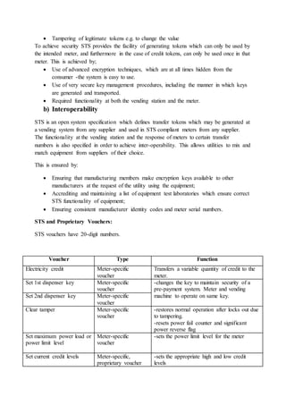  Tampering of legitimate tokens e.g. to change the value
To achieve security STS provides the facility of generating tokens which can only be used by
the intended meter, and furthermore in the case of credit tokens, can only be used once in that
meter. This is achieved by;
 Use of advanced encryption techniques, which are at all times hidden from the
consumer -the system is easy to use.
 Use of very secure key management procedures, including the manner in which keys
are generated and transported.
 Required functionality at both the vending station and the meter.
b) Interoperability
STS is an open system specification which defines transfer tokens which may be generated at
a vending system from any supplier and used in STS compliant meters from any supplier.
The functionality at the vending station and the response of meters to certain transfer
numbers is also specified in order to achieve inter-operability. This allows utilities to mix and
match equipment from suppliers of their choice.
This is ensured by:
 Ensuring that manufacturing members make encryption keys available to other
manufacturers at the request of the utility using the equipment;
 Accrediting and maintaining a list of equipment test laboratories which ensure correct
STS functionality of equipment;
 Ensuring consistent manufacturer identity codes and meter serial numbers.
STS and Proprietary Vouchers:
STS vouchers have 20-digit numbers.
Voucher Type Function
Electricity credit Meter-specific
voucher
Transfers a variable quantity of credit to the
meter.
Set 1st dispenser key Meter-specific
voucher
-changes the key to maintain security of a
pre-payment system. Meter and vending
machine to operate on same key.Set 2nd dispenser key Meter-specific
voucher
Clear tamper Meter-specific
voucher
-restores normal operation after locks out due
to tampering.
-resets power fail counter and significant
power reverse flag
Set maximum power load or
power limit level
Meter-specific
voucher
-sets the power limit level for the meter
Set current credit levels Meter-specific,
proprietary voucher
-sets the appropriate high and low credit
levels
 