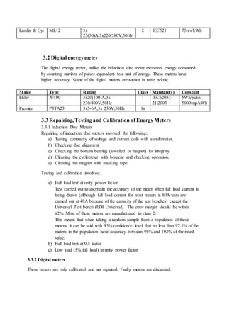 Landis & Gyr ML12 3x
25(50)A,3x220/380V,50Hz
2 IEC521 75rev/kWh
3.2 Digital energymeter
The digital energy meter, unlike the induction disc meter measures energy consumed
by counting number of pulses equivalent to a unit of energy. These meters have
higher accuracy. Some of the digital meters are shown in table below;
Make Type Rating Class Standard(s) Constant
Elster A/100 3x20(100)A,3x
230/400V,50Hz
1 IEC62053-
21:2003
5Wh/pulse.
5000imp/kWh
Premier P3TA23 3x5-6A,3x 230V,50Hz 1s
3.3 Repairing, Testing and Calibration of Energy Meters
3.3.1 Induction Disc Meters
Repairing of induction disc meters involved the following;
a) Testing continuity of voltage and current coils with a multimeter.
b) Checking disc alignment
c) Checking the bottom bearing (jewelled or magnet) for integrity.
d) Cleaning the cyclometer with benzene and checking operation.
e) Cleaning the magnet with masking tape.
Testing and calibration involves;
a) Full load test at unity power factor.
Test carried out to ascertain the accuracy of the meter when full load current is
being drawn (although full load current for most meters is 80A tests are
carried out at 40A because of the capacity of the test benches) except the
Universal Test bench (EDI Universal). The error margin should be within
±2%. Most of these meters are manufactured to class 2;
This means that when taking a random sample from a population of these
meters, it can be said with 95% confidence level that no less than 97.5% of the
meters in the population have accuracy between 98% and 102% of the rated
value.
b) Full load test at 0.5 factor
c) Low load (5% full load) at unity power factor
3.3.2 Digital meters
These meters are only calibrated and not repaired. Faulty meters are discarded.
 
