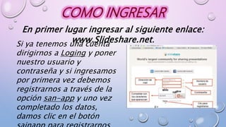 En primer lugar ingresar al siguiente enlace:
www.Slideshare.net.
Si ya tenemos una cuenta
dirigirnos a Loging y poner
nuestro usuario y
contraseña y si ingresamos
por primera vez debemos
registrarnos a través de la
opción san-app y uno vez
completado los datos,
damos clic en el botón
 
