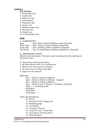 LESSON 4
LO1. Pre-Test
1. Dimension line
2. Leader line
3. Reference line
4. Limiting line
5. Projection line
6. Center line
7. Hidden/visible line
8. Boarder line
9. Visible line
10. Cutting plane line

LO2
A. COMPONENTS
Legs
- 4pcs.45mm x45mmx500mm wood (tanguile)
Short rails - 2pcs. 25mm x70mm x600mm (tanguile)
Long rails - 2pcs. X25mm x70mm x800mm (tanguile)
Top board - 1pc. 25 mmx600mm x800mm (plyboard / Plywood)
B. ASSEMBLIES JOINTS
Mortise and tenon joint- The joint used in joining the rails and legs of
thecenter table
C. Dimensions and specifications
1. All dimensions must be in millimeters.
2. Wood to be used must be tanguile.
3. All joints must be filled with glue.
4. Legs must be tapered
Materials:
4pcs - 45mm X 45mm X 500mm
2pcs - 25mm X 70mm X 600mm -Tanguile
2pcs - 25mm X 70mm X 800mm
1pcs - 25mm X mm X 800mm – Plyboard / Plywood
40pcs 1 ½ finishing mails
wood glue
wood filler
sand paper
Tools and Equipment
10. Pencil
11. Pull push rule/ zigzag rule
12. Marking gauge
13. Try Square
14. Carpenter Square
15. Cross Cut saw / Back Saw
16. Jack plane/ Smooth Plane
17. Claw Hammer
CARPENTRY
K to 12 – Technology and Livelihood Education

113

 