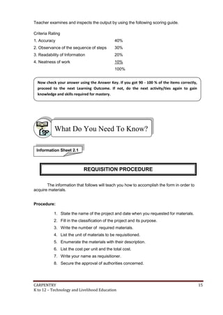 Teacher examines and inspects the output by using the following scoring guide.
Criteria Rating
1. Accuracy

40%

2. Observance of the sequence of steps

30%

3. Readability of Information

20%

4. Neatness of work

10%
100%

Now check your answer using the Answer Key. If you got 90 - 100 % of the items correctly,
proceed to the next Learning Outcome. If not, do the next activity/ties again to gain
knowledge and skills required for mastery.

What Do You Need To Know?
Information Sheet 2.1

REQUISITION PROCEDURE
The information that follows will teach you how to accomplish the form in order to
acquire materials.

Procedure:
1. State the name of the project and date when you requested for materials.
2. Fill in the classification of the project and its purpose.
3. Write the number of required materials.
4. List the unit of materials to be requisitioned.
5. Enumerate the materials with their description.
6. List the cost per unit and the total cost.
7. Write your name as requisitioner.
8. Secure the approval of authorities concerned.

CARPENTRY
K to 12 – Technology and Livelihood Education

15

 