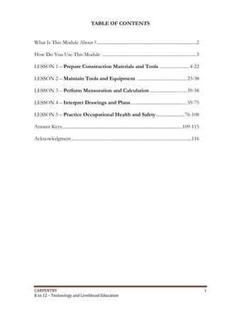 TABLE OF CONTENTS
What Is This Module About ?.................................................................................... 2
How Do You Use This Module ............................................................................... 3
LESSON 1 – Prepare Construction Materials and Tools ......................... 4-22
LESSON 2 – Maintain Tools and Equipment ......................................... 23-38
LESSON 3 – Perform Mensuration and Calculation ............................... 39-58
LESSON 4 – Interpret Drawings and Plans ............................................... 59-75
LESSON 5 – Practice Occupational Health and Safety ........................ 76-108
Answer Keys..................................................................................................... 109-115
Acknowledgment .....................................................................................................116

CARPENTRY
K to 12 – Technology and Livelihood Education

1

 