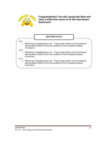Congratulations! You did a great job! Rest and
relax a while then move on to the next lesson.
Good luck!

REFERENCES
LO1


LO 2


LO 3


References Tools/Equipment, etc. - They should conform to the Contextual
learning Matrix (Refer to from the conditions of the Competency Based
Curriculum)
References Tools/Equipment, etc. - They should conform to the Contextual
learning Matrix (Refer to from the conditions of the Competency Based
Curriculum)
References Tools/Equipment, etc. - They should conform to the Contextual
learning Matrix (Refer to from the conditions of the Competency Based
Curriculum)

CARPENTRY
K to 12 – Technology and Livelihood Education

23

 