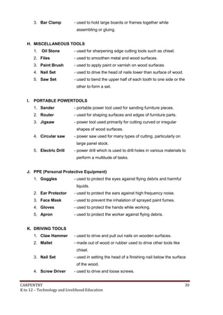 3. Bar Clamp

- used to hold large boards or frames together while
assembling or gluing.

H. MISCELLANEOUS TOOLS
1.

Oil Stone

- used for sharpening edge cutting tools such as chisel.

2. Files

- used to smoothen metal and wood surfaces.

3. Paint Brush

- used to apply paint or varnish on wood surfaces

4. Nail Set

- used to drive the head of nails lower than surface of wood.

5. Saw Set

- used to bend the upper half of each tooth to one side or the
other to form a set.

I.

PORTABLE POWERTOOLS
1. Sander

- portable power tool used for sanding furniture pieces.

2. Router

- used for shaping surfaces and edges of furniture parts.

3. Jigsaw

- power tool used primarily for cutting curved or irregular
shapes of wood surfaces.

4. Circular saw

- power saw used for many types of cutting, particularly on
large panel stock.

5. Electric Drill

- power drill which is used to drill holes in various materials to
perform a multitude of tasks.

J. PPE (Personal Protective Equipment)
1. Goggles

- used to protect the eyes against flying debris and harmful
liquids.

2. Ear Protector

- used to protect the ears against high frequency noise.

3. Face Mask

- used to prevent the inhalation of sprayed paint fumes.

4. Gloves

- used to protect the hands while working.

5. Apron

- used to protect the worker against flying debris.

K. DRIVING TOOLS
1. Claw Hammer

- used to drive and pull out nails on wooden surfaces.

2. Mallet

- made out of wood or rubber used to drive other tools like
chisel.

3. Nail Set

- used in setting the head of a finishing nail below the surface
of the wood.

4. Screw Driver

- used to drive and loose screws.

CARPENTRY
K to 12 – Technology and Livelihood Education

30

 