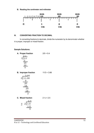 B. Reading the centimeter and milimeter

III.

CONVERTING FRACTION TO DECIMAL

In converting fractions to decimals, divide the numerator by its denominator whether
it is proper, improper or mixed fraction.

Sample Solutions:
A. Proper fraction

2/5 = 0.4

B. Improper fraction

11/3 = 3.66

C. Mixed fraction

2 ½ = 2.5

CARPENTRY
K to 12 – Technology and Livelihood Education

51

 