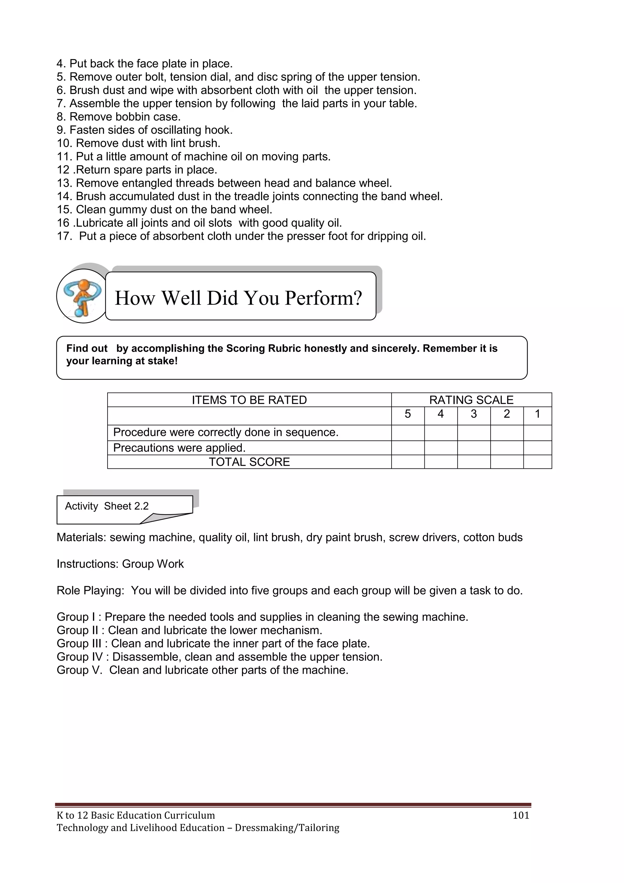 4. Put back the face plate in place.
5. Remove outer bolt, tension dial, and disc spring of the upper tension.
6. Brush dust and wipe with absorbent cloth with oil the upper tension.
7. Assemble the upper tension by following the laid parts in your table.
8. Remove bobbin case.
9. Fasten sides of oscillating hook.
10. Remove dust with lint brush.
11. Put a little amount of machine oil on moving parts.
12 .Return spare parts in place.
13. Remove entangled threads between head and balance wheel.
14. Brush accumulated dust in the treadle joints connecting the band wheel.
15. Clean gummy dust on the band wheel.
16 .Lubricate all joints and oil slots with good quality oil.
17. Put a piece of absorbent cloth under the presser foot for dripping oil.

How Well Did You Perform?
Find out by accomplishing the Scoring Rubric honestly and sincerely. Remember it is
your learning at stake!

ITEMS TO BE RATED
5

RATING SCALE
4
3
2

Procedure were correctly done in sequence.
Precautions were applied.
TOTAL SCORE

Activity Sheet 2.2

Materials: sewing machine, quality oil, lint brush, dry paint brush, screw drivers, cotton buds
Instructions: Group Work
Role Playing: You will be divided into five groups and each group will be given a task to do.
Group I : Prepare the needed tools and supplies in cleaning the sewing machine.
Group II : Clean and lubricate the lower mechanism.
Group III : Clean and lubricate the inner part of the face plate.
Group IV : Disassemble, clean and assemble the upper tension.
Group V. Clean and lubricate other parts of the machine.

K to 12 Basic Education Curriculum
Technology and Livelihood Education – Dressmaking/Tailoring

101

1

 
