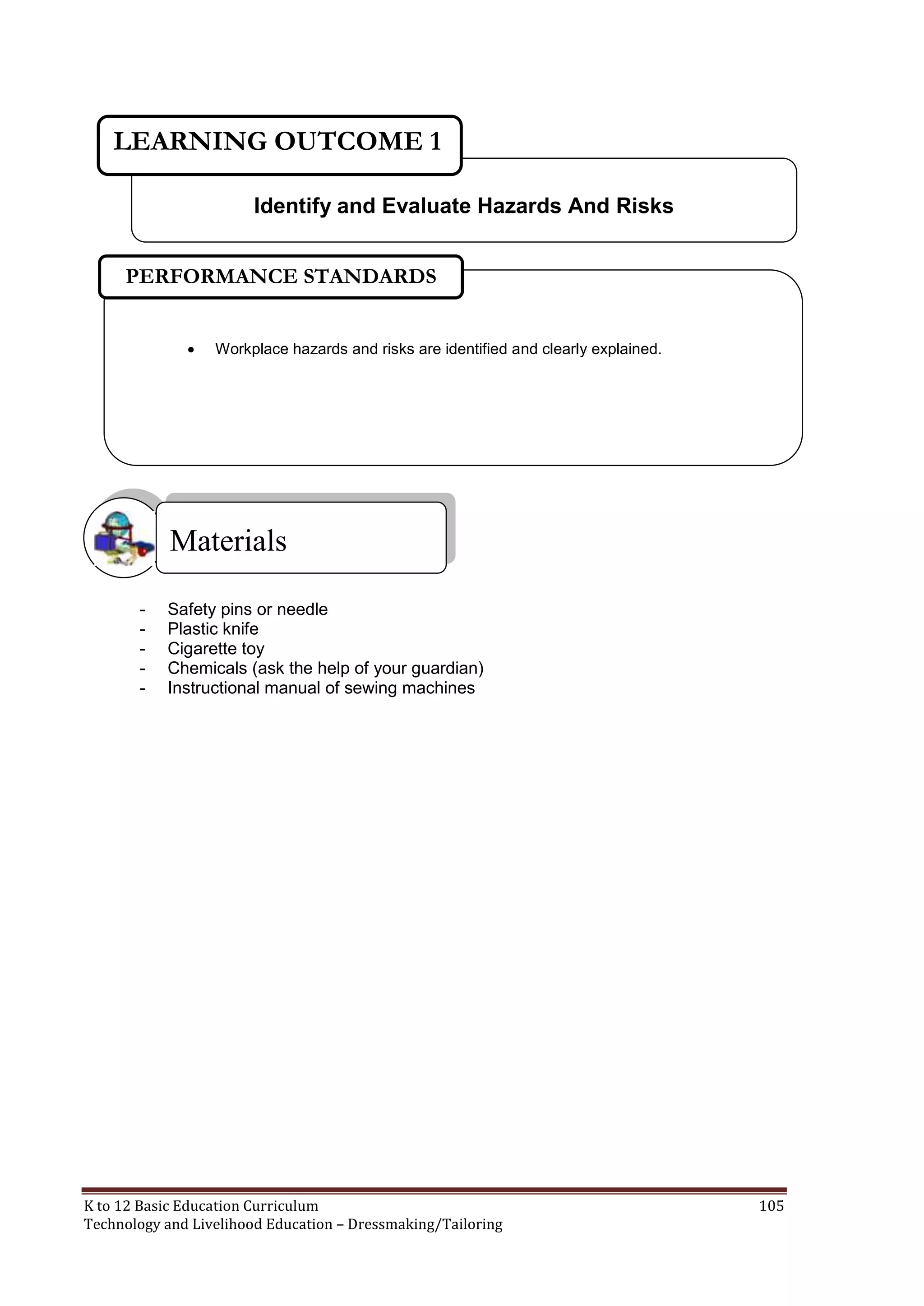 LEARNING OUTCOME 1
Identify and Evaluate Hazards And Risks
PERFORMANCE STANDARDS


Workplace hazards and risks are identified and clearly explained.

Materials
-

Safety pins or needle
Plastic knife
Cigarette toy
Chemicals (ask the help of your guardian)
Instructional manual of sewing machines

K to 12 Basic Education Curriculum
Technology and Livelihood Education – Dressmaking/Tailoring

105

 