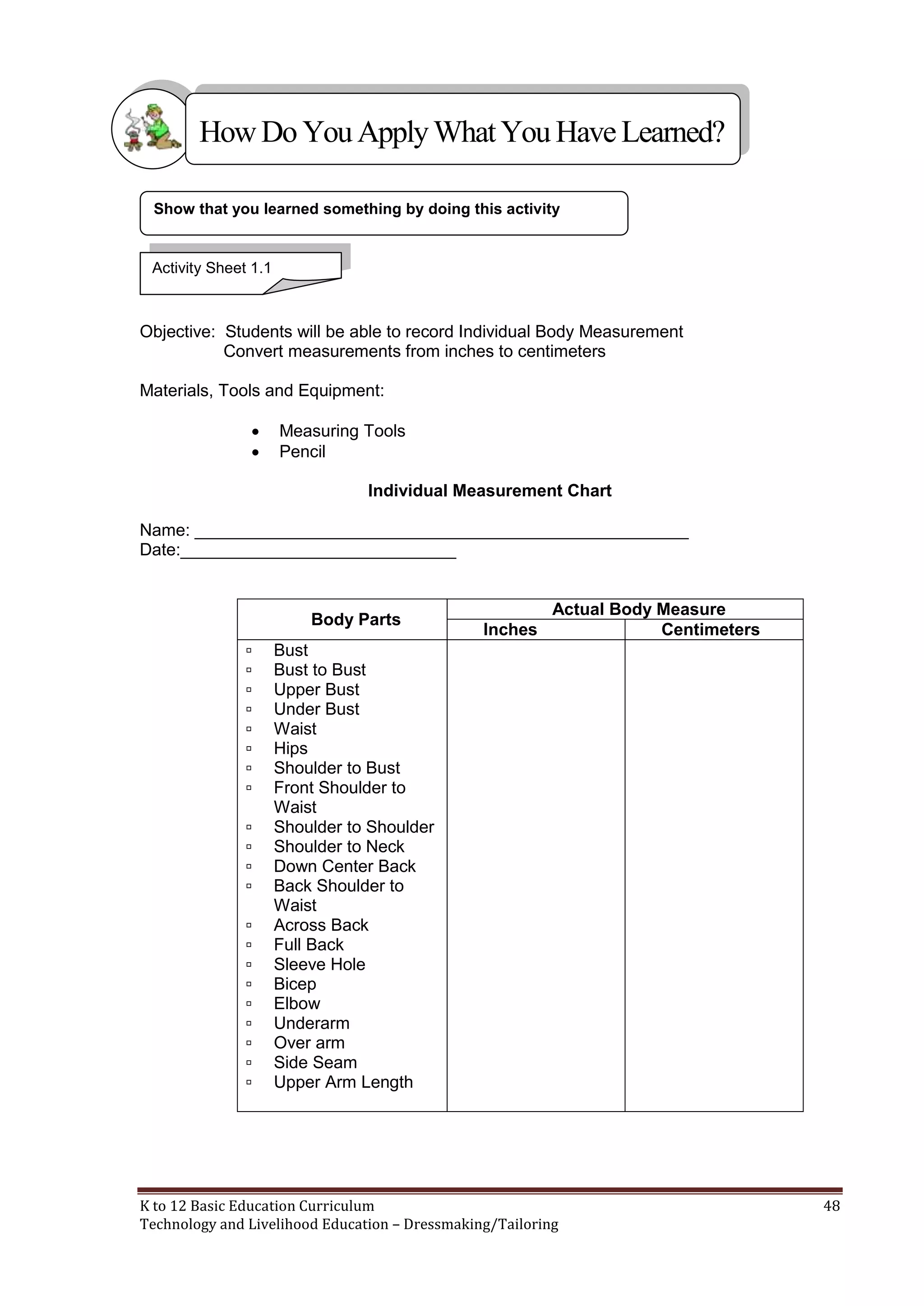 How Do You Apply What You Have Learned?
Show that you learned something by doing this activity

Activity Sheet 1.1

Objective: Students will be able to record Individual Body Measurement
Convert measurements from inches to centimeters
Materials, Tools and Equipment:



Measuring Tools
Pencil
Individual Measurement Chart

Name: ____________________________________________________
Date:_____________________________

Body Parts






















Inches

Actual Body Measure
Centimeters

Bust
Bust to Bust
Upper Bust
Under Bust
Waist
Hips
Shoulder to Bust
Front Shoulder to
Waist
Shoulder to Shoulder
Shoulder to Neck
Down Center Back
Back Shoulder to
Waist
Across Back
Full Back
Sleeve Hole
Bicep
Elbow
Underarm
Over arm
Side Seam
Upper Arm Length

K to 12 Basic Education Curriculum
Technology and Livelihood Education – Dressmaking/Tailoring

48

 