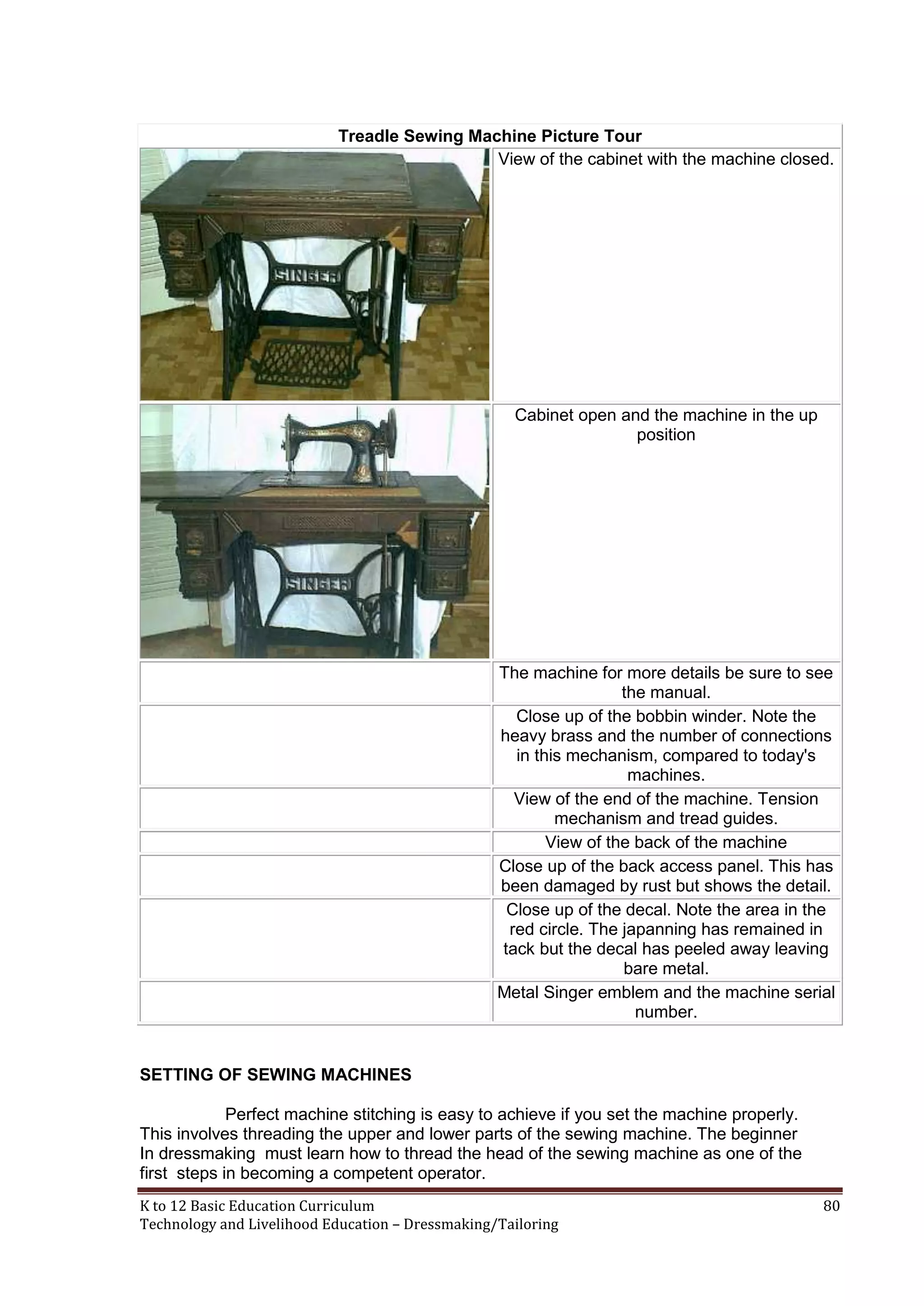 Treadle Sewing Machine Picture Tour
View of the cabinet with the machine closed.

Cabinet open and the machine in the up
position

The machine for more details be sure to see
the manual.
Close up of the bobbin winder. Note the
heavy brass and the number of connections
in this mechanism, compared to today's
machines.
View of the end of the machine. Tension
mechanism and tread guides.
View of the back of the machine
Close up of the back access panel. This has
been damaged by rust but shows the detail.
Close up of the decal. Note the area in the
red circle. The japanning has remained in
tack but the decal has peeled away leaving
bare metal.
Metal Singer emblem and the machine serial
number.

SETTING OF SEWING MACHINES
Perfect machine stitching is easy to achieve if you set the machine properly.
This involves threading the upper and lower parts of the sewing machine. The beginner
In dressmaking must learn how to thread the head of the sewing machine as one of the
first steps in becoming a competent operator.
K to 12 Basic Education Curriculum
Technology and Livelihood Education – Dressmaking/Tailoring

80

 