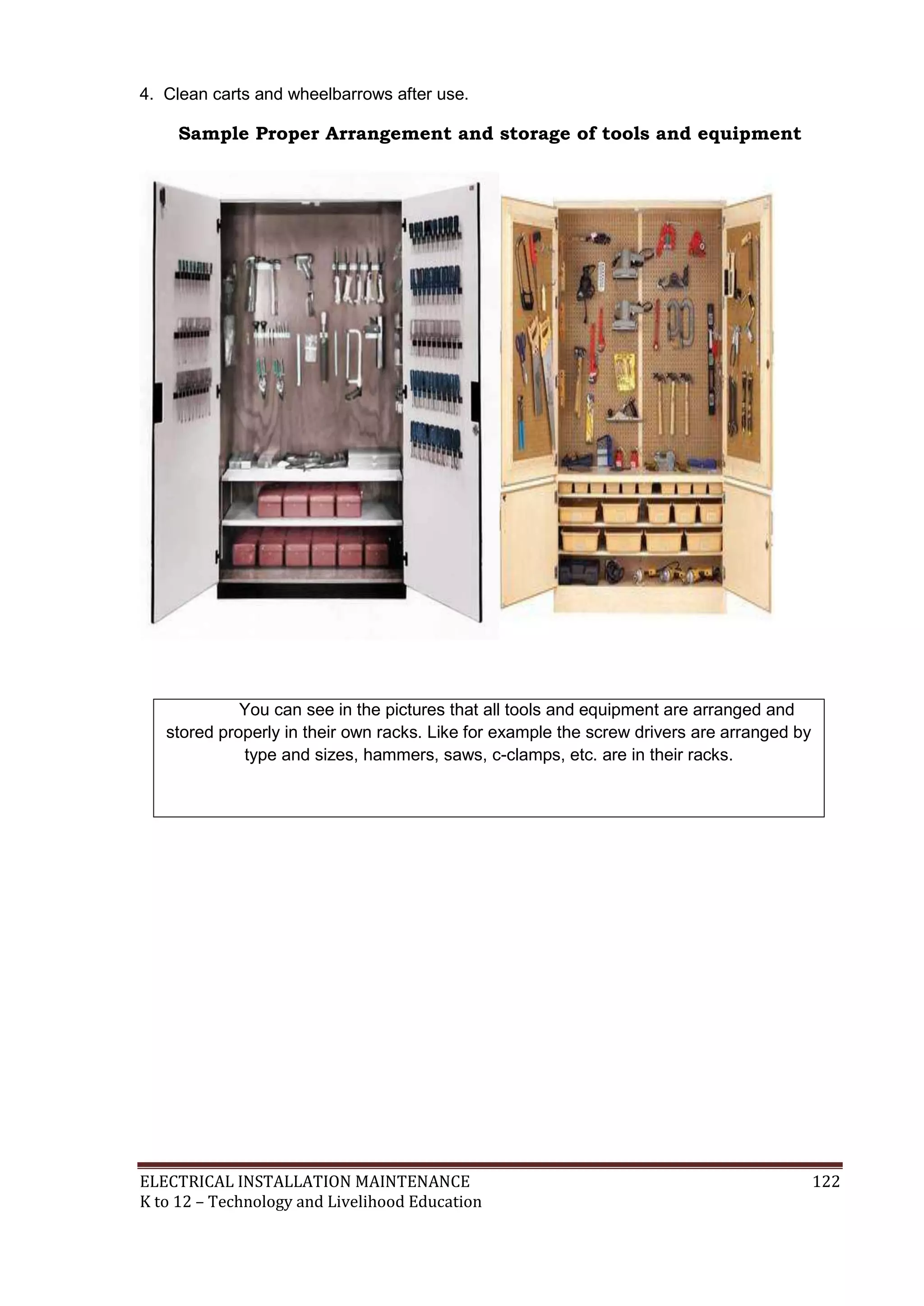 4. Clean carts and wheelbarrows after use.

Sample Proper Arrangement and storage of tools and equipment

You can see in the pictures that all tools and equipment are arranged and
stored properly in their own racks. Like for example the screw drivers are arranged by
type and sizes, hammers, saws, c-clamps, etc. are in their racks.

ELECTRICAL INSTALLATION MAINTENANCE
K to 12 – Technology and Livelihood Education

122

 