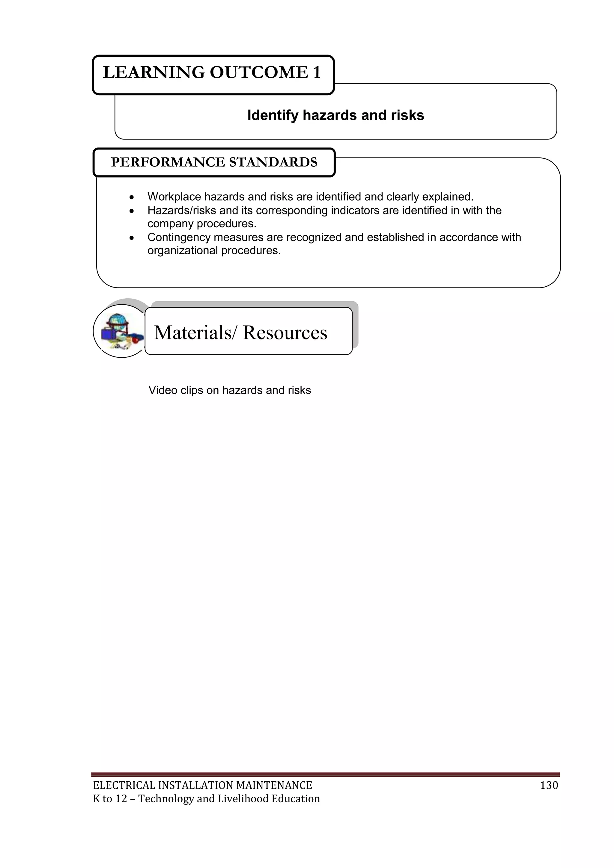 LEARNING OUTCOME 1
Identify hazards and risks
PERFORMANCE STANDARDS




Workplace hazards and risks are identified and clearly explained.
Hazards/risks and its corresponding indicators are identified in with the
company procedures.
Contingency measures are recognized and established in accordance with
organizational procedures.



Materials/ Resources
Video clips on hazards and risks

ELECTRICAL INSTALLATION MAINTENANCE
K to 12 – Technology and Livelihood Education

130

 