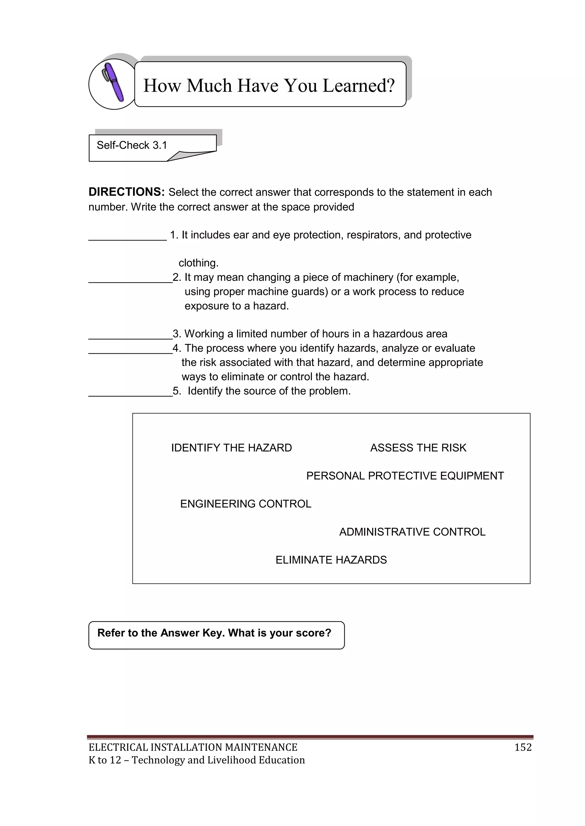 How Much Have You Learned?
Self-Check 3.1

DIRECTIONS: Select the correct answer that corresponds to the statement in each
number. Write the correct answer at the space provided
_____________ 1. It includes ear and eye protection, respirators, and protective
clothing.
______________2. It may mean changing a piece of machinery (for example,
using proper machine guards) or a work process to reduce
exposure to a hazard.
______________3. Working a limited number of hours in a hazardous area
______________4. The process where you identify hazards, analyze or evaluate
the risk associated with that hazard, and determine appropriate
ways to eliminate or control the hazard.
______________5. Identify the source of the problem.

IDENTIFY THE HAZARD

ASSESS THE RISK
PERSONAL PROTECTIVE EQUIPMENT

ENGINEERING CONTROL
ADMINISTRATIVE CONTROL
ELIMINATE HAZARDS

Refer to the Answer Key. What is your score?

ELECTRICAL INSTALLATION MAINTENANCE
K to 12 – Technology and Livelihood Education

152

 