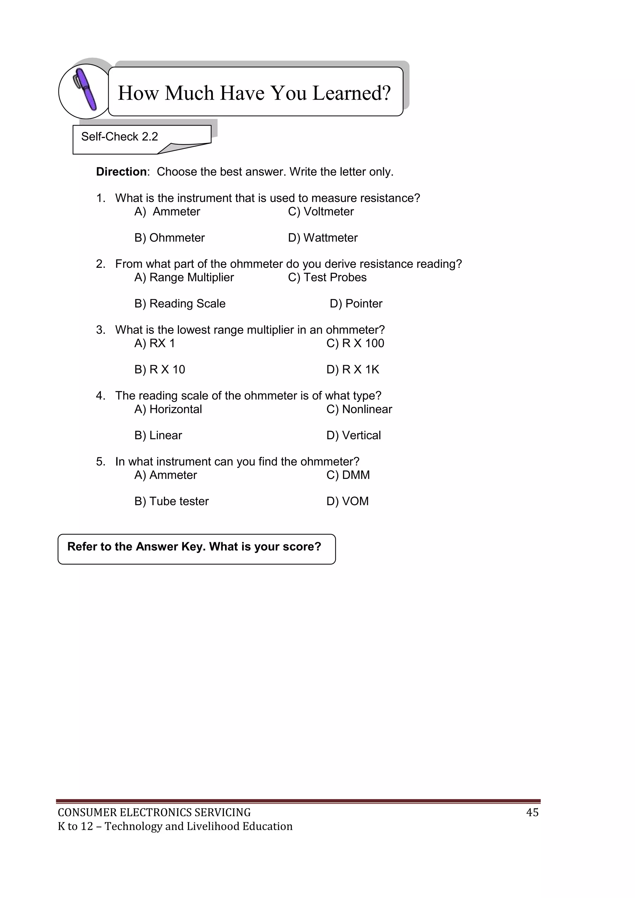 How Much Have You Learned?
Self-Check 2.2
Direction: Choose the best answer. Write the letter only.
1. What is the instrument that is used to measure resistance?
A) Ammeter
C) Voltmeter
B) Ohmmeter

D) Wattmeter

2. From what part of the ohmmeter do you derive resistance reading?
A) Range Multiplier
C) Test Probes
B) Reading Scale

D) Pointer

3. What is the lowest range multiplier in an ohmmeter?
A) RX 1
C) R X 100
B) R X 10

D) R X 1K

4. The reading scale of the ohmmeter is of what type?
A) Horizontal
C) Nonlinear
B) Linear

D) Vertical

5. In what instrument can you find the ohmmeter?
A) Ammeter
C) DMM
B) Tube tester

D) VOM

Refer to the Answer Key. What is your score?

CONSUMER ELECTRONICS SERVICING
K to 12 – Technology and Livelihood Education

45

 