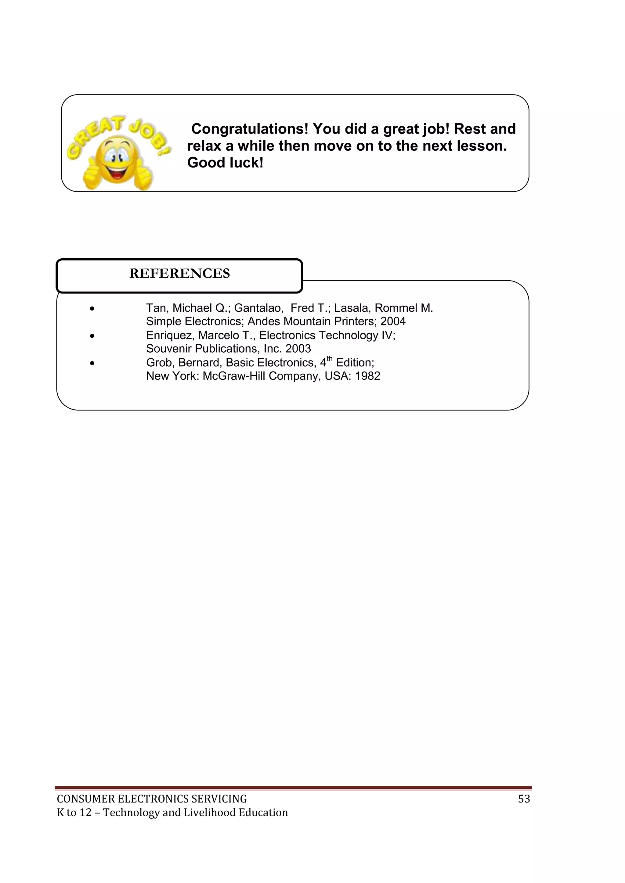Congratulations! You did a great job! Rest and
relax a while then move on to the next lesson.
Good luck!

REFERENCES




Tan, Michael Q.; Gantalao, Fred T.; Lasala, Rommel M.
Simple Electronics; Andes Mountain Printers; 2004
Enriquez, Marcelo T., Electronics Technology IV;
Souvenir Publications, Inc. 2003
Grob, Bernard, Basic Electronics, 4th Edition;
New York: McGraw-Hill Company, USA: 1982

CONSUMER ELECTRONICS SERVICING
K to 12 – Technology and Livelihood Education

53

 