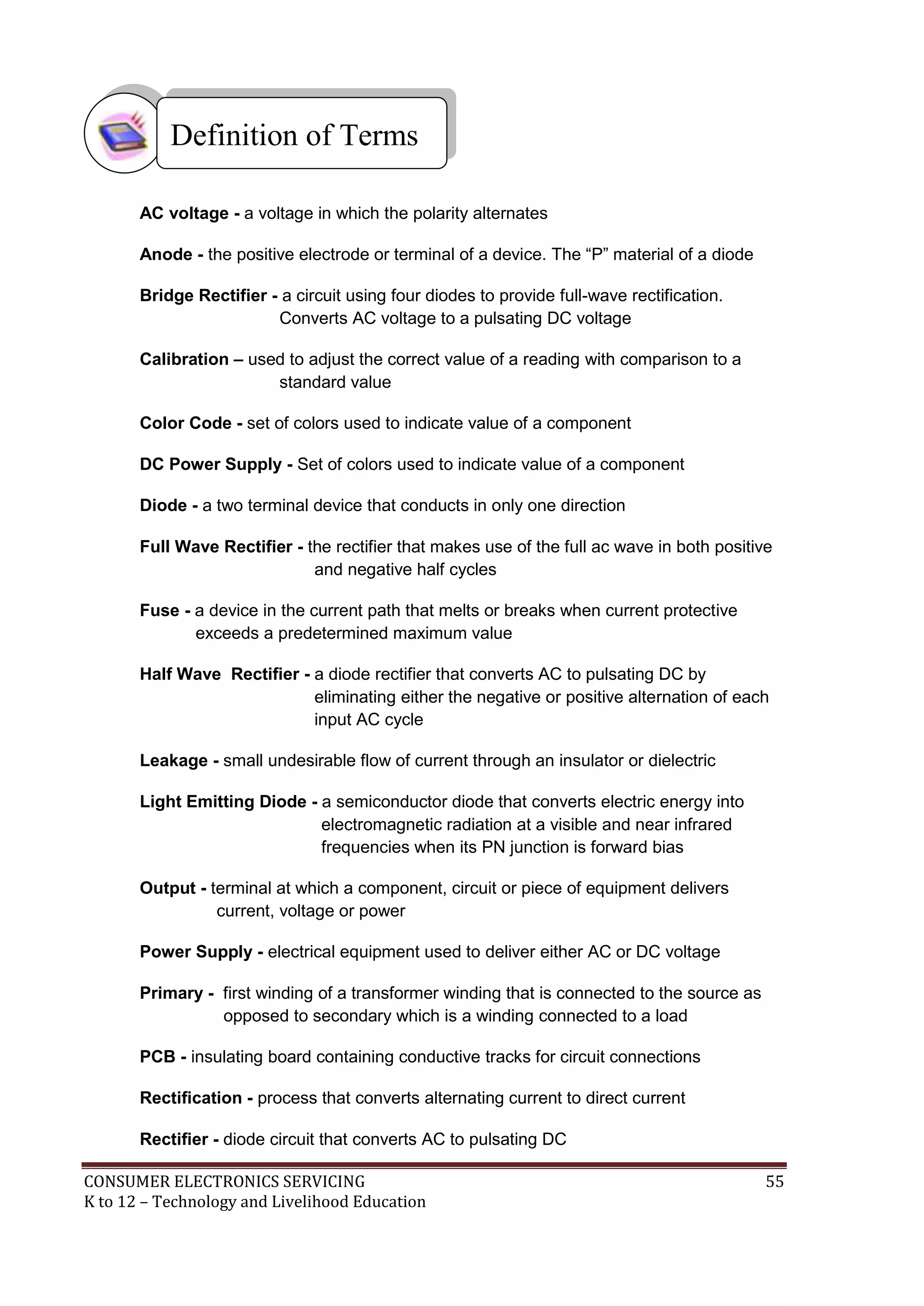 Definition of Terms
AC voltage - a voltage in which the polarity alternates
Anode - the positive electrode or terminal of a device. The “P” material of a diode
Bridge Rectifier - a circuit using four diodes to provide full-wave rectification.
Converts AC voltage to a pulsating DC voltage
Calibration – used to adjust the correct value of a reading with comparison to a
standard value
Color Code - set of colors used to indicate value of a component
DC Power Supply - Set of colors used to indicate value of a component
Diode - a two terminal device that conducts in only one direction
Full Wave Rectifier - the rectifier that makes use of the full ac wave in both positive
and negative half cycles
Fuse - a device in the current path that melts or breaks when current protective
exceeds a predetermined maximum value
Half Wave Rectifier - a diode rectifier that converts AC to pulsating DC by
eliminating either the negative or positive alternation of each
input AC cycle
Leakage - small undesirable flow of current through an insulator or dielectric
Light Emitting Diode - a semiconductor diode that converts electric energy into
electromagnetic radiation at a visible and near infrared
frequencies when its PN junction is forward bias
Output - terminal at which a component, circuit or piece of equipment delivers
current, voltage or power
Power Supply - electrical equipment used to deliver either AC or DC voltage
Primary - first winding of a transformer winding that is connected to the source as
opposed to secondary which is a winding connected to a load
PCB - insulating board containing conductive tracks for circuit connections
Rectification - process that converts alternating current to direct current
Rectifier - diode circuit that converts AC to pulsating DC
CONSUMER ELECTRONICS SERVICING
K to 12 – Technology and Livelihood Education

55

 