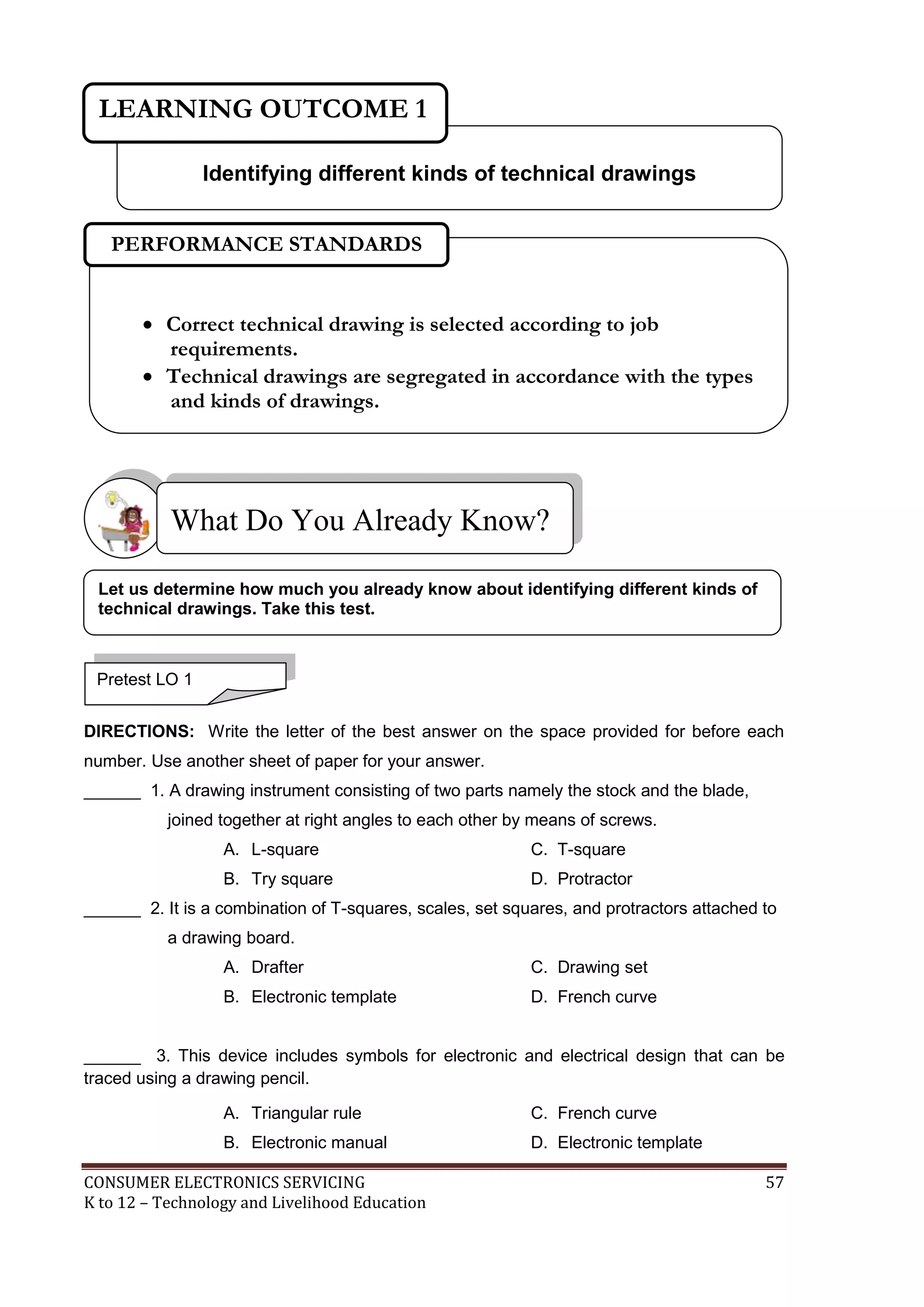 LEARNING OUTCOME 1
Identifying different kinds of technical drawings
PERFORMANCE STANDARDS
 Correct technical drawing is selected according to job
requirements.
 Technical drawings are segregated in accordance with the types
and kinds of drawings.

What Do You Already Know?
Let us determine how much you already know about identifying different kinds of
technical drawings. Take this test.

Pretest LO 1
DIRECTIONS: Write the letter of the best answer on the space provided for before each
number. Use another sheet of paper for your answer.
______ 1. A drawing instrument consisting of two parts namely the stock and the blade,
joined together at right angles to each other by means of screws.
A. L-square

C. T-square

B. Try square

D. Protractor

______ 2. It is a combination of T-squares, scales, set squares, and protractors attached to
a drawing board.
A. Drafter

C. Drawing set

B. Electronic template

D. French curve

______ 3. This device includes symbols for electronic and electrical design that can be
traced using a drawing pencil.
A. Triangular rule

C. French curve

B. Electronic manual

D. Electronic template

CONSUMER ELECTRONICS SERVICING
K to 12 – Technology and Livelihood Education

57

 