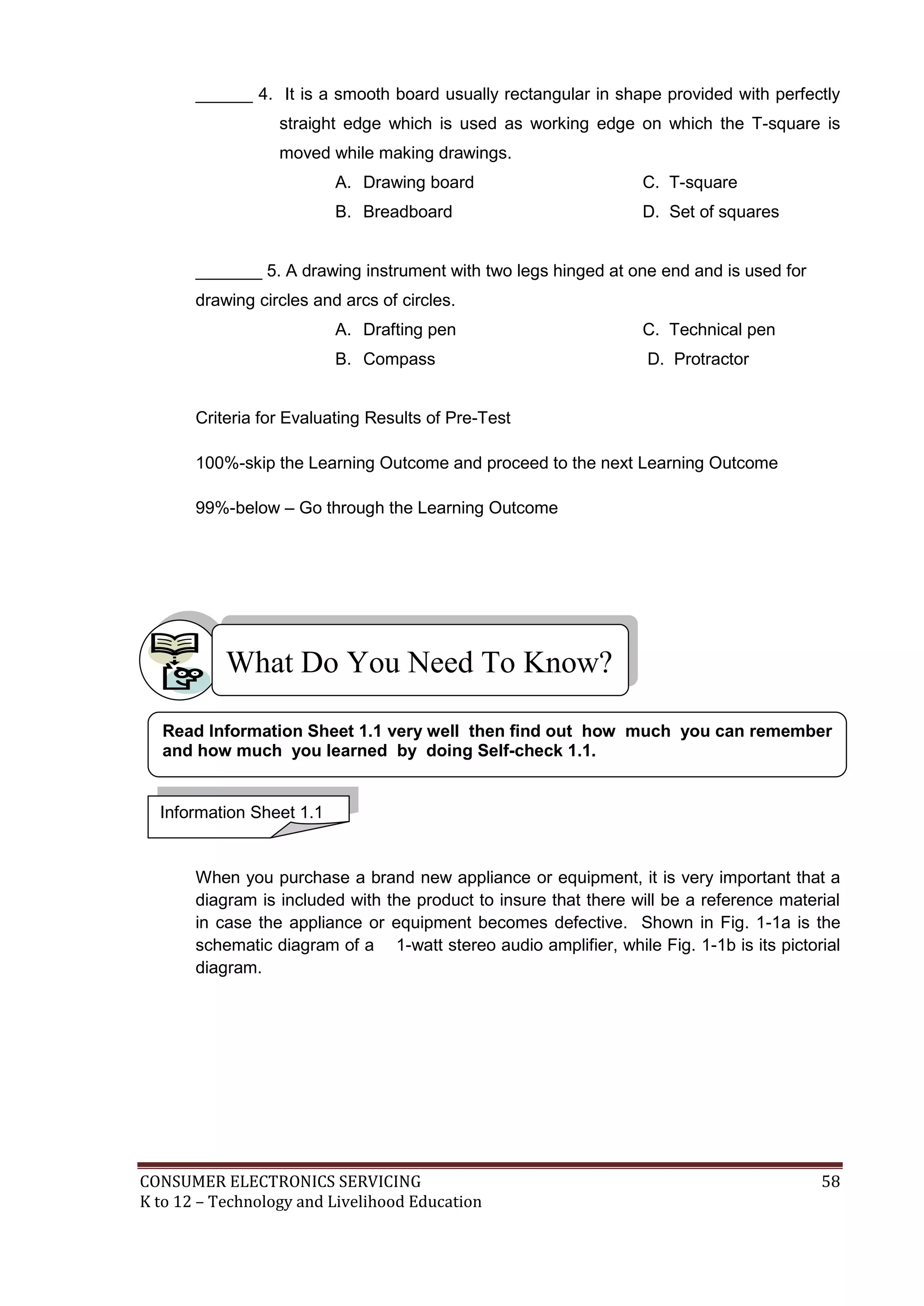 ______ 4. It is a smooth board usually rectangular in shape provided with perfectly
straight edge which is used as working edge on which the T-square is
moved while making drawings.
A. Drawing board

C. T-square

B. Breadboard

D. Set of squares

_______ 5. A drawing instrument with two legs hinged at one end and is used for
drawing circles and arcs of circles.
A. Drafting pen

C. Technical pen

B. Compass

D. Protractor

Criteria for Evaluating Results of Pre-Test
100%-skip the Learning Outcome and proceed to the next Learning Outcome
99%-below – Go through the Learning Outcome

What Do You Need To Know?
Read Information Sheet 1.1 very well then find out how much you can remember
and how much you learned by doing Self-check 1.1.

Information Sheet 1.1

When you purchase a brand new appliance or equipment, it is very important that a
diagram is included with the product to insure that there will be a reference material
in case the appliance or equipment becomes defective. Shown in Fig. 1-1a is the
schematic diagram of a 1-watt stereo audio amplifier, while Fig. 1-1b is its pictorial
diagram.

CONSUMER ELECTRONICS SERVICING
K to 12 – Technology and Livelihood Education

58

 