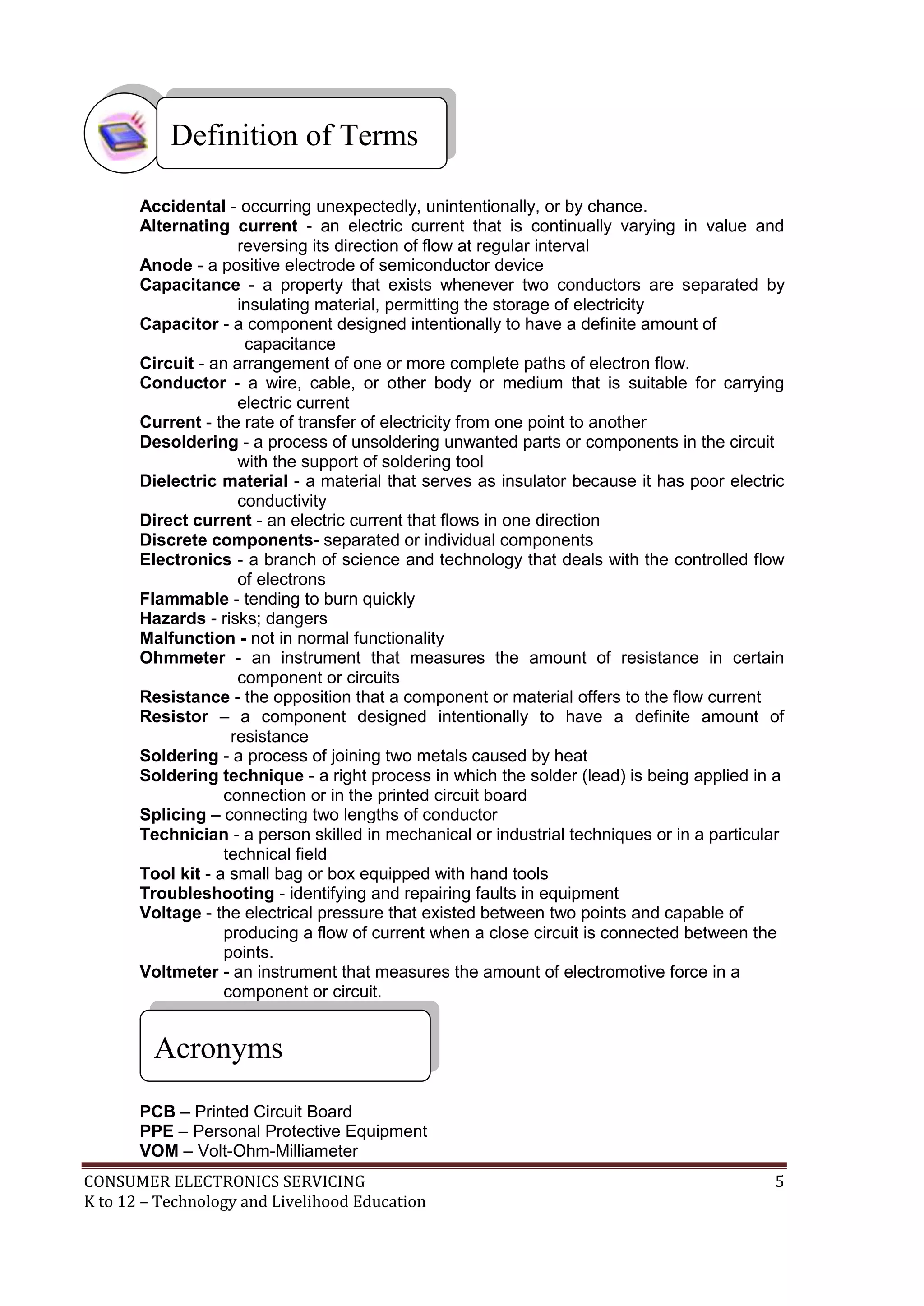 Definition of Terms
Accidental - occurring unexpectedly, unintentionally, or by chance.
Alternating current - an electric current that is continually varying in value and
reversing its direction of flow at regular interval
Anode - a positive electrode of semiconductor device
Capacitance - a property that exists whenever two conductors are separated by
insulating material, permitting the storage of electricity
Capacitor - a component designed intentionally to have a definite amount of
capacitance
Circuit - an arrangement of one or more complete paths of electron flow.
Conductor - a wire, cable, or other body or medium that is suitable for carrying
electric current
Current - the rate of transfer of electricity from one point to another
Desoldering - a process of unsoldering unwanted parts or components in the circuit
with the support of soldering tool
Dielectric material - a material that serves as insulator because it has poor electric
conductivity
Direct current - an electric current that flows in one direction
Discrete components- separated or individual components
Electronics - a branch of science and technology that deals with the controlled flow
of electrons
Flammable - tending to burn quickly
Hazards - risks; dangers
Malfunction - not in normal functionality
Ohmmeter - an instrument that measures the amount of resistance in certain
component or circuits
Resistance - the opposition that a component or material offers to the flow current
Resistor – a component designed intentionally to have a definite amount of
resistance
Soldering - a process of joining two metals caused by heat
Soldering technique - a right process in which the solder (lead) is being applied in a
connection or in the printed circuit board
Splicing – connecting two lengths of conductor
Technician - a person skilled in mechanical or industrial techniques or in a particular
technical field
Tool kit - a small bag or box equipped with hand tools
Troubleshooting - identifying and repairing faults in equipment
Voltage - the electrical pressure that existed between two points and capable of
producing a flow of current when a close circuit is connected between the
points.
Voltmeter - an instrument that measures the amount of electromotive force in a
component or circuit.

Acronyms
PCB – Printed Circuit Board
PPE – Personal Protective Equipment
VOM – Volt-Ohm-Milliameter
CONSUMER ELECTRONICS SERVICING
K to 12 – Technology and Livelihood Education

5

 
