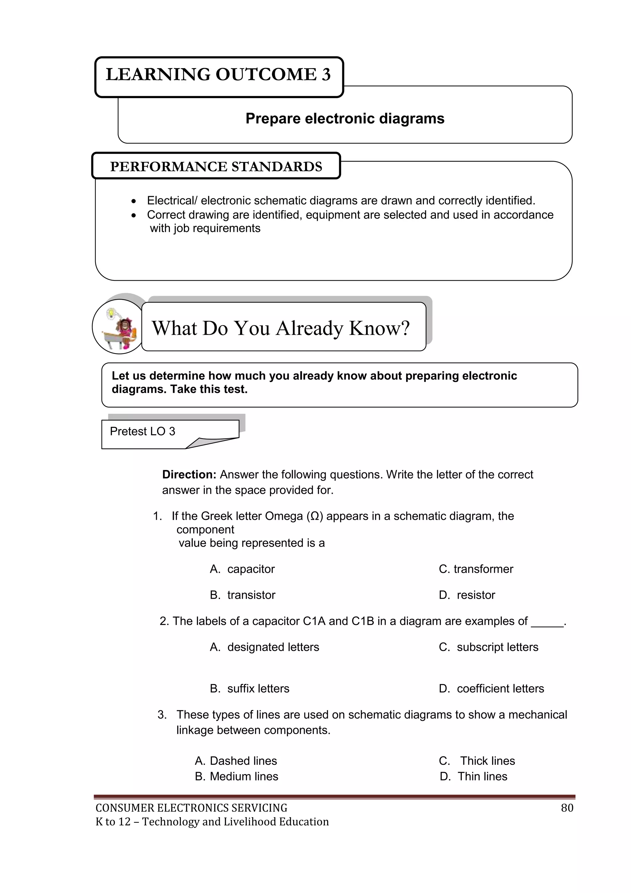 LEARNING OUTCOME 3
Prepare electronic diagrams
PERFORMANCE STANDARDS
 Electrical/ electronic schematic diagrams are drawn and correctly identified.
 Correct drawing are identified, equipment are selected and used in accordance
with job requirements

What Do You Already Know?
Let us determine how much you already know about preparing electronic
diagrams. Take this test.

Pretest LO 3

Direction: Answer the following questions. Write the letter of the correct
answer in the space provided for.
1. If the Greek letter Omega (Ω) appears in a schematic diagram, the
component
value being represented is a
A. capacitor

C. transformer

B. transistor

D. resistor

2. The labels of a capacitor C1A and C1B in a diagram are examples of _____.
A. designated letters

C. subscript letters

B. suffix letters

D. coefficient letters

3. These types of lines are used on schematic diagrams to show a mechanical
linkage between components.
A. Dashed lines
B. Medium lines
CONSUMER ELECTRONICS SERVICING
K to 12 – Technology and Livelihood Education

C. Thick lines
D. Thin lines
80

 