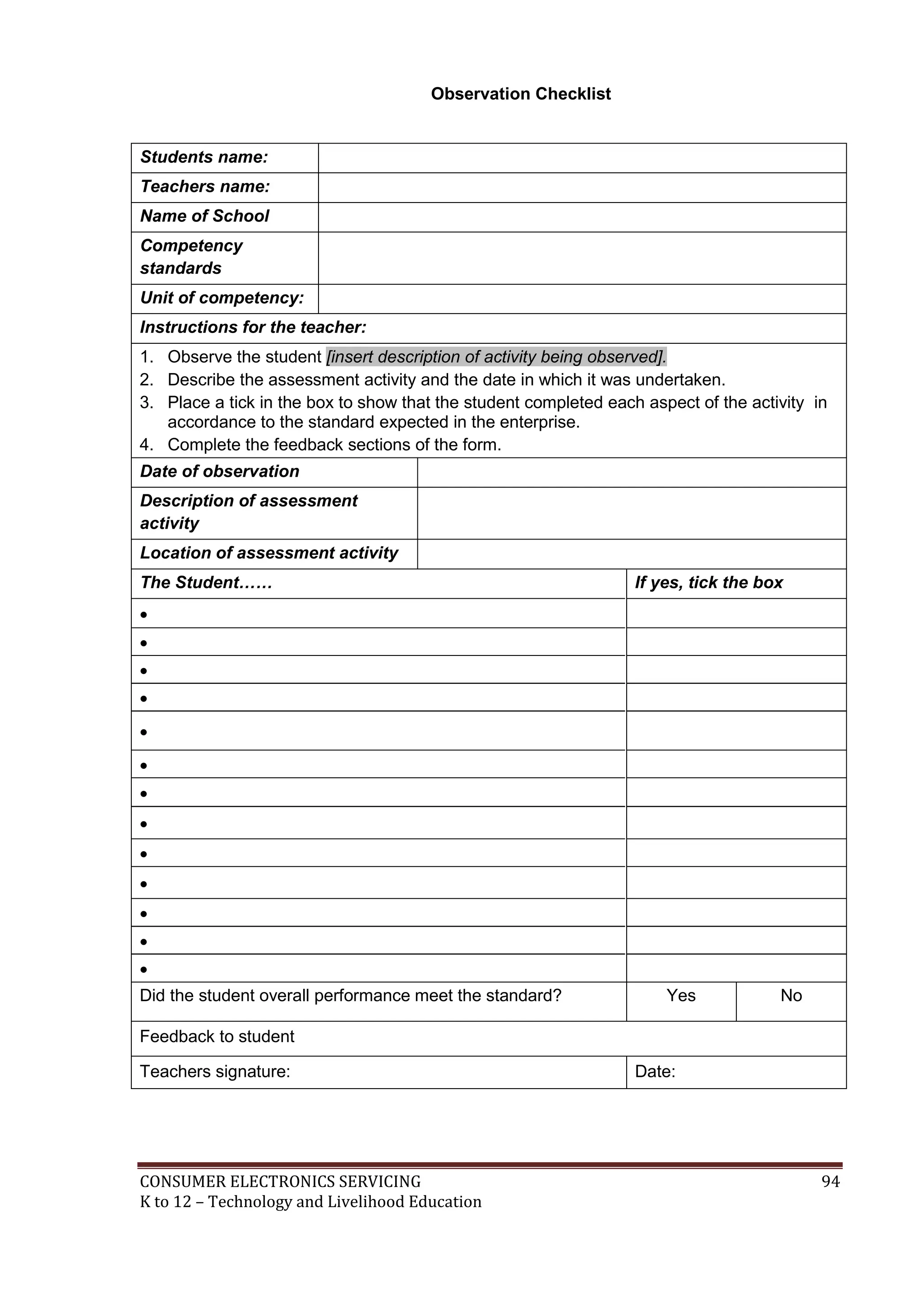Observation Checklist

Students name:
Teachers name:
Name of School
Competency
standards
Unit of competency:
Instructions for the teacher:
1. Observe the student [insert description of activity being observed].
2. Describe the assessment activity and the date in which it was undertaken.
3. Place a tick in the box to show that the student completed each aspect of the activity in
accordance to the standard expected in the enterprise.
4. Complete the feedback sections of the form.
Date of observation
Description of assessment
activity
Location of assessment activity
The Student……

If yes, tick the box














Did the student overall performance meet the standard?

Yes

No

Feedback to student
Teachers signature:

CONSUMER ELECTRONICS SERVICING
K to 12 – Technology and Livelihood Education

Date:

94

 