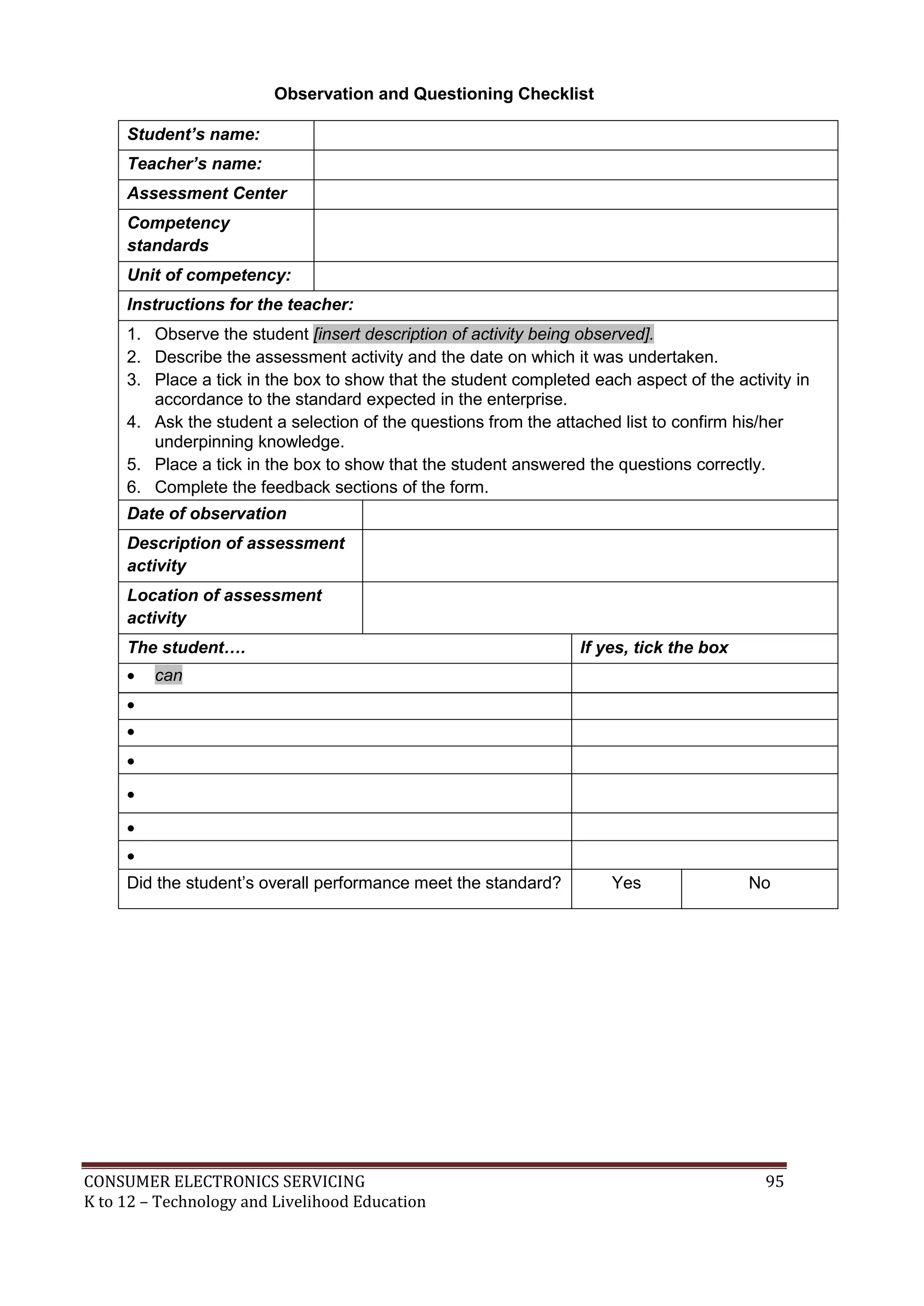 Observation and Questioning Checklist
Student’s name:
Teacher’s name:
Assessment Center
Competency
standards
Unit of competency:
Instructions for the teacher:
1. Observe the student [insert description of activity being observed].
2. Describe the assessment activity and the date on which it was undertaken.
3. Place a tick in the box to show that the student completed each aspect of the activity in
accordance to the standard expected in the enterprise.
4. Ask the student a selection of the questions from the attached list to confirm his/her
underpinning knowledge.
5. Place a tick in the box to show that the student answered the questions correctly.
6. Complete the feedback sections of the form.
Date of observation
Description of assessment
activity
Location of assessment
activity
The student….


If yes, tick the box

can







Did the student’s overall performance meet the standard?

CONSUMER ELECTRONICS SERVICING
K to 12 – Technology and Livelihood Education

Yes

No

95

 
