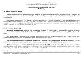 K to 12 TECHNOLOGY AND LIVELIHOOD EDUCATION
INDUSTRIAL ARTS - MECHANICAL DRAFTING
(Exploratory)
The Learning Modules and Lessons
There is a Learning Module for each exploratory course. If there are 24 exploratory courses then you have 24 Learning Modules in your hands. But
you will use 4 Modules only for the entire year in Grade 7(plus a fifth one on Entrepreneurship) and another 4 Modules in Grade 8 (plus a fifth one on
Entrepreneurship).
Each Learning Module consists of 4 to 5 Lessons2. The Lessons are focused on the 4 to 5 basic competencies. To avoid meaningless repetition of the
teaching of the 5 common competencies, you have to teach them in the context of the TLE course. For example, you teach “use and maintenance of tools” in
beauty care when you are teaching the course on Beauty Care. You teach the same competencies - use and maintenance of tools-in Horticulture but in the
context of Horticulture and so your tools will not be entirely the same.

New Feature on the Teaching of TLE
What’s new in the teaching of TLE in the K to 12 curriculum? In the K to 12 curriculum, the TLE courses are taught based on the learning
outcomes and performance criteria stated on the Training Regulations(TR)from Technical Education and Skills Development Authority (TESDA). They are TRbased.
Why is this necessary? To prepare the K to 12 graduate for lucrative work, he/she must earn a National Certificate (NC)I, II or even an NC of higher
level that is required by industries. This he/she earns after passing an assessment given by TESDA.
How can you ensure that the K to 12 high school student (Grade 9 to 12) pass TESDA assessment and obtain an NC? By seeing to it that you
teach the TLE course in accordance with the performance criteria and learning outcomes laid down in the TESDA Training Regulations.
Do the exploratory courses enable the high school student to earn already an NC? Not yet. Completion of the exploratory courses may not yet
qualify a high school student to take an assessment for an NC. Instead, it helps him/her earn a Certificate of Competency (COC) at least in Grade 9 that will
lead eventually him/her to an NC. In short, the COC paves the way to the earning of an NC.
2

Some Learning Modules combined use and maintenance of tools to make one Lesson, so the number of Lessons amount to 4; others made separate Lessons for use of tools and for
maintenance of tools, thus the total is 5 Lessons.

**TWG on K to 12 Curriculum Guide – version April 10, 2012

6

 