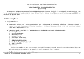 K to 12 TECHNOLOGY AND LIVELIHOOD EDUCATION
INDUSTRIAL ARTS - MECHANICAL DRAFTING
(Exploratory)
Student’s choice of TLE specialization begins in Grades 9.Afterhaving been exposed to an array of TLE courses during the exploratory phase in the
first two years, the student will be most benefited, if in Grades 10,11, or 12 he/she continues with a TLE course in which he/she already has a COC. In that
way, he/she will get an NC faster.

About the Learning Module
1. Design of the Module
a. The Module is designed to be a teacher-assisted learning kit or a self-learning kit on competencies that a Grade 7 TLE ought to possess. It
explores the course on Aquaculture which helps your student earn a Certificate of Competency in Grade 9which leads to a National Certificate
Level I / II (NCI / II)in Grades 10, 11 or 12.
b. The Learning Module is made up of 4 to 5 Lessons based on the competencies. Each Lesson contains the following:
1)
Learning Outcomes
2)
Performance Standards
3)
Materials/Resources
4)
Definition of Terms
5)
What Do You Already Know?
6)
What Do You Need to Know?
7)
How Much Have You Learned?
8)
How Do You Apply What You Learned?
9)
What Is Your Score?
10) References
There are some TLE Modules which have a section on “How Do You Extend Your Learning?”, This section is meant for enrichment. It is usually
given as an assignment for not everything can be taught and done in the classroom given a limited time.
c. The Self-check can also serve as the posttest of the lesson.
**TWG on K to 12 Curriculum Guide – version April 10, 2012

7

 