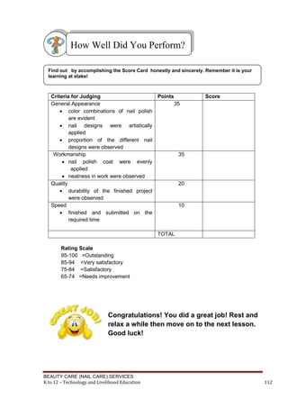 BEAUTY CARE (NAIL CARE) SERVICES
K to 12 – Technology and Livelihood Education 112
Criteria for Judging Points Score
General Appearance
 color combinations of nail polish
are evident
 nail designs were artistically
applied
 proportion of the different nail
designs were observed
35
Workmanship
 nail polish coat were evenly
applied
 neatness in work were observed
35
Quality
 durability of the finished project
were observed
20
Speed
 finished and submitted on the
required time
10
TOTAL
Rating Scale
95-100 =Outstanding
85-94 =Very satisfactory
75-84 =Satisfactory
65-74 =Needs improvement
Congratulations! You did a great job! Rest and
relax a while then move on to the next lesson.
Good luck!
Find out by accomplishing the Score Card honestly and sincerely. Remember it is your
learning at stake!
How Well Did You Perform?
 