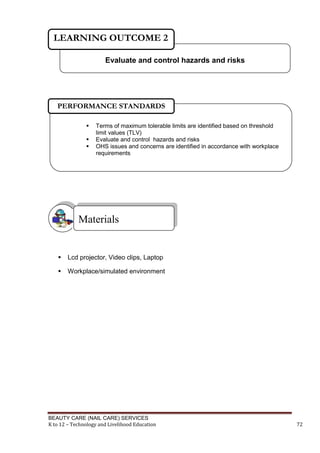 BEAUTY CARE (NAIL CARE) SERVICES
K to 12 – Technology and Livelihood Education 72
 Lcd projector, Video clips, Laptop
 Workplace/simulated environment
Materials
Evaluate and control hazards and risks
LEARNING OUTCOME 2
 Terms of maximum tolerable limits are identified based on threshold
limit values (TLV)
 Evaluate and control hazards and risks
 OHS issues and concerns are identified in accordance with workplace
requirements
PERFORMANCE STANDARDS
 