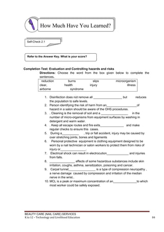 BEAUTY CARE (NAIL CARE) SERVICES
K to 12 – Technology and Livelihood Education 84
Completion Test: Evaluation and Controlling hazards and risks
Directions: Choose the word from the box given below to complete the
sentences.
reduction burns slips microorganism
clear, health injury illness
airborne syndrome
1. Disinfection does not remove all _________________ but reduces
the population to safe levels.
2. Person identifying the risk of harm from an__________________of
hazard in a salon should be aware of the OHS procedures.
3. . Cleaning is the removal of soil and a ________________ in the
number of micro-organisms from equipment surfaces by washing in
detergent and warm water.
4. . Keep all escape routes and fire exits______________ and make
regular checks to ensure this cases.
5. During a__________ , trip or fall accident, injury may be caused by
over stretching joints, bones and ligaments
6. Personal protective equipment is clothing equipment designed to be
worn by a nail technician or salon workers to protect them from risks of
injury or_______________.
7. Electrical shock can result in electrocution_____________ and injuries
from falls.
8. _______________ effects of some hazardous substances include skin
irritation, coughs, asthma, sensitization, poisoning and cancer.
9. Carpal tunnel________________ is a type of compression neuropathy ,
a nerve damage caused by compression and irritation of the median
nerve in the wrist..
10. MCL is a peak or maximum concentration of an______________to which
most worker could be safely exposed.
Refer to the Answer Key. What is your score?
How Much Have You Learned?
Self-Check 2.1
 