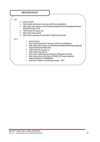 BEAUTY CARE (NAIL CARE) SERVICES
K to 12 – Technology and Livelihood Education 89
LO1
 www.cdc.gov
 hhtp.//www.workcover.nsw.gov.au/forms publications
 http://www.deir.qld.gov.au/workplace/subjects/hairdressing/guide/hazar
ds/electric/index.htm
 http://www.dh.sa.gov.au/
 http://www.hsa.ie/eng/
 http://www.nailsmag.com/article/1138/posture-primer
LO 2
 www.cdc.gov
 http.//www.workcover.nsw.gov.au/forms publications
 http://www.deir.qld.gov.au/workplace/subjects/hairdressing/guide
/hazards/electric/index.htm
 http://www.dh.sa.gov.au/
 http://www.hsa.ie/eng/
 http://www.nailsmag.com/article/1138/posture-primer
 http://www.ehow.com/how_2100263_lift-heavy-objects-
safely.html#ixzz1mtGQB0GW
 www.dhrm.state.va.us/workerscomp/.../STF

REFERENCES
 