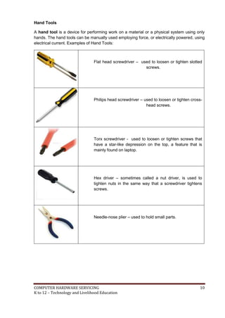 COMPUTER HARDWARE SERVICING 10
K to 12 – Technology and Livelihood Education
Hand Tools
A hand tool is a device for performing work on a material or a physical system using only
hands. The hand tools can be manually used employing force, or electrically powered, using
electrical current. Examples of Hand Tools:
Flat head screwdriver – used to loosen or tighten slotted
screws.
Philips head screwdriver – used to loosen or tighten cross-
head screws.
Torx screwdriver - used to loosen or tighten screws that
have a star-like depression on the top, a feature that is
mainly found on laptop.
Hex driver – sometimes called a nut driver, is used to
tighten nuts in the same way that a screwdriver tightens
screws.
Needle-nose plier – used to hold small parts.
 