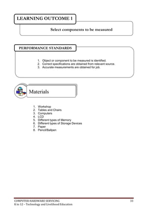 COMPUTER HARDWARE SERVICING 33
K to 12 – Technology and Livelihood Education
1. Workshop
2. Tables and Chairs
3. Computers
4. LCD
5. Different types of Memory
6. Different types of Storage Devices
7. Paper
8. Pencil/Ballpen
Materials
Select components to be measured
LEARNING OUTCOME 1
1. Object or component to be measured is identified.
2. Correct specifications are obtained from relevant source.
3. Accurate measurements are obtained for job.
PERFORMANCE STANDARDS
 