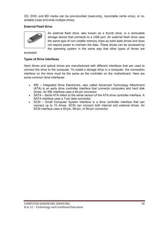 COMPUTER HARDWARE SERVICING 38
K to 12 – Technology and Livelihood Education
CD, DVD, and BD media can be pre-recorded (read-only), recordable (write once), or re-
writable (read and write multiple times).
External Flash Drive
An external flash drive, also known as a thumb drive, is a removable
storage device that connects to a USB port. An external flash drive uses
the same type of non-volatile memory chips as solid state drives and does
not require power to maintain the data. These drives can be accessed by
the operating system in the same way that other types of drives are
accessed.
Types of Drive Interfaces
Hard drives and optical drives are manufactured with different interfaces that are used to
connect the drive to the computer. To install a storage drive in a computer, the connection
interface on the drive must be the same as the controller on the motherboard. Here are
some common drive interfaces:
 IDE – Integrated Drive Electronics, also called Advanced Technology Attachment
(ATA) is an early drive controller interface that connects computers and hard disk
drives. An IDE interface uses a 40-pin connector.
 SATA – Serial ATA refers to the serial version of the ATA drive controller interface. A
SATA interface uses a 7-pin data connector.
 SCSI – Small Computer System Interface is a drive controller interface that can
connect up to 15 drives. SCSI can connect both internal and external drives. An
SCSI interface uses a 50-pin, 68-pin, or 80-pin connector.
 