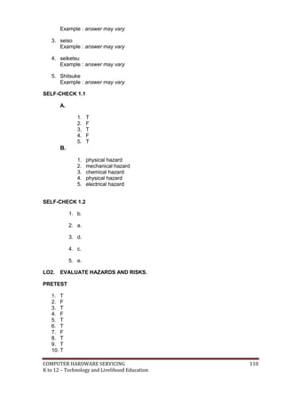 Example : answer may vary
3. seiso
Example : answer may vary
4. seiketsu
Example : answer may vary
5. Shitsuke
Example : answer may vary
SELF-CHECK 1.1
A.
1.
2.
3.
4.
5.

T
F
T
F
T

1.
2.
3.
4.
5.

physical hazard
mechanical hazard
chemical hazard
physical hazard
electrical hazard

B.

SELF-CHECK 1.2
1. b.
2. a.
3. d.
4. c.
5. e.
LO2.

EVALUATE HAZARDS AND RISKS.

PRETEST
1. T
2. F
3. T
4. F
5. T
6. T
7. F
8. T
9. T
10. T
COMPUTER HARDWARE SERVICING
K to 12 – Technology and Livelihood Education

110

 