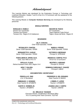 Acknowledgement
This Learning Module was developed for the Exploratory Courses in Technology and
Livelihood Education, Grades 7 and 8 of the K to 12 Curriculum with the assistance of the
following persons:
This Learning Module on Computer Hardware Servicing was developed by the following
personnel:


MODULE WRITERS
RONALDO V. RAMILO
Division ICT Coordinator
Tanauan City Division
Tanauan City - Region IV-A Calabarzon

DEOVER M. PASCO
ICT Coordinator
Tagum National Trade School
Tagum, Davao del Norte - Region XI

REVIEWERS
GIL P. CASUGA
Chief TESD Specialist, TESDA
REYNALDO S. DANTES
Senior TESD Specialist, TESDA

MARIA A. ROQUE
Senior TESD Specialist, TESDA

BERNADETTE S. AUDIJE
Senior TESD Specialist, TESDA

VICTORIO N. MEDRANO
Principal IV, SPRCNHS

PARALUMAN R. GIRON, Ed.D.
Chair, Sub-TWG on K to 10

BRENDA B. CORPUZ, Ph.D.
TA for K to 12 Curriculum

OFELIA O. FLOJO
Retired Assistant Chief, EED, Region IV-A

BEATRIZ A. ADRIANO
Principal IV, ERVHS

AIDA T. GALURA
VSA II, ACNTS

DOMINGA CAROLINA F. CHAVEZ
Principal II, MBHS

DOCUMENTORS / SECRETARIAT
PRISCILLA E. ONG
K to 12 Secretariat

FREDERICK G. DEL ROSARIO
Head Teacher III, BNAHS

EMMANUEL V. DIONISIO
Head Teacher III, AFGBMTS

LYMWEL P. LOPEZ
Teacher I, AFGBMTS

DANTE D. VERMON JR.
Teacher I, AFGBMTS

JOANNA LISA C. CARPIO
Teacher I, BNAHS

Dir. IMELDA B. TAGANAS
Executive Director, Qualifications Standards Office
K to 12 Learning Area Team Convenor, TLE/TVE

COMPUTER HARDWARE SERVICING
K to 12 – Technology and Livelihood Education

112

 