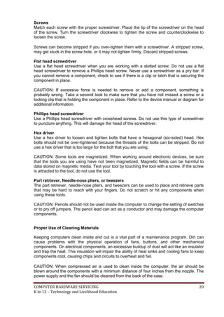 Screws
Match each screw with the proper screwdriver. Place the tip of the screwdriver on the head
of the screw. Turn the screwdriver clockwise to tighten the screw and counterclockwise to
loosen the screw.
Screws can become stripped if you over-tighten them with a screwdriver. A stripped screw,
may get stuck in the screw hole, or it may not tighten firmly. Discard stripped screws.
Flat head screwdriver
Use a flat head screwdriver when you are working with a slotted screw. Do not use a flat
head screwdriver to remove a Phillips head screw. Never use a screwdriver as a pry bar. If
you cannot remove a component, check to see if there is a clip or latch that is securing the
component in place.
CAUTION: If excessive force is needed to remove or add a component, something is
probably wrong. Take a second look to make sure that you have not missed a screw or a
locking clip that is holding the component in place. Refer to the device manual or diagram for
additional information.
Phillips head screwdriver
Use a Phillips head screwdriver with crosshead screws. Do not use this type of screwdriver
to puncture anything. This will damage the head of the screwdriver.
Hex driver
Use a hex driver to loosen and tighten bolts that have a hexagonal (six-sided) head. Hex
bolts should not be over-tightened because the threads of the bolts can be stripped. Do not
use a hex driver that is too large for the bolt that you are using.
CAUTION: Some tools are magnetized. When working around electronic devices, be sure
that the tools you are using have not been magnetized. Magnetic fields can be harmful to
data stored on magnetic media. Test your tool by touching the tool with a screw. If the screw
is attracted to the tool, do not use the tool.
Part retriever, Needle-nose pliers, or tweezers
The part retriever, needle-nose pliers, and tweezers can be used to place and retrieve parts
that may be hard to reach with your fingers. Do not scratch or hit any components when
using these tools.
CAUTION: Pencils should not be used inside the computer to change the setting of switches
or to pry off jumpers. The pencil lead can act as a conductor and may damage the computer
components.
Proper Use of Cleaning Materials
Keeping computers clean inside and out is a vital part of a maintenance program. Dirt can
cause problems with the physical operation of fans, buttons, and other mechanical
components. On electrical components, an excessive buildup of dust will act like an insulator
and trap the heat. This insulation will impair the ability of heat sinks and cooling fans to keep
components cool, causing chips and circuits to overheat and fail.
CAUTION: When compressed air is used to clean inside the computer, the air should be
blown around the components with a minimum distance of four inches from the nozzle. The
power supply and the fan should be cleaned from the back of the case.
COMPUTER HARDWARE SERVICING
K to 12 – Technology and Livelihood Education

20

 