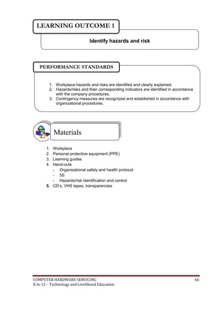 LEARNING OUTCOME 1
Identify hazards and risk

PERFORMANCE STANDARDS

1. Workplace hazards and risks are identified and clearly explained.
2. Hazards/risks and their corresponding indicators are identified in accordance
with the company procedures.
3. Contingency measures are recognized and established in accordance with
organizational procedures.

Materials
1.
2.
3.
4.

Workplace
Personal protective equipment (PPE)
Learning guides
Hand-outs
- Organizational safety and health protocol
- 5S
- Hazards/risk identification and control
5. CD’s, VHS tapes, transparencies

COMPUTER HARDWARE SERVICING
K to 12 – Technology and Livelihood Education

66

 