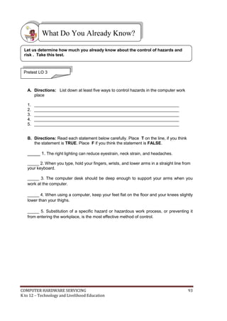 What Do You Already Know?
Let us determine how much you already know about the control of hazards and
risk . Take this test.

Pretest LO 3

A. Directions: List down at least five ways to control hazards in the computer work
place
1.
2.
3.
4.
5.

______________________________________________________________
______________________________________________________________
______________________________________________________________
______________________________________________________________
______________________________________________________________

B. Directions: Read each statement below carefully. Place T on the line, if you think
the statement is TRUE. Place F if you think the statement is FALSE.

_____ 1. The right lighting can reduce eyestrain, neck strain, and headaches.
_____ 2. When you type, hold your fingers, wrists, and lower arms in a straight line from
your keyboard.
_____ 3. The computer desk should be deep enough to support your arms when you
work at the computer.
_____ 4. When using a computer, keep your feet flat on the floor and your knees slightly
lower than your thighs.
_____ 5. Substitution of a specific hazard or hazardous work process, or preventing it
from entering the workplace, is the most effective method of control.

COMPUTER HARDWARE SERVICING
K to 12 – Technology and Livelihood Education

93

 