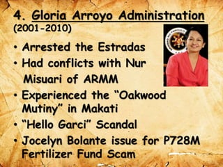 4. Gloria Arroyo Administration
(2001-2010)
• Arrested the Estradas
• Had conflicts with Nur
Misuari of ARMM
• Experienced the “Oakwood
Mutiny” in Makati
• “Hello Garci” Scandal
• Jocelyn Bolante issue for P728M
Fertilizer Fund Scam
 