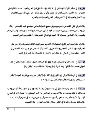 33
70
_
‫جاء‬
‫أ‬ ‫ي‬
‫ف‬
‫للجصاص‬ ‫القرآن‬ ‫حكام‬
(
8
/
807
( )
‫بالعبد‬ ‫الحر‬ ‫قتل‬ ‫ي‬
‫ف‬ ‫مسألة‬
:
‫ي‬
‫ف‬ ‫الفقهاء‬ ‫اختلف‬
‫قصاص‬ ‫ال‬ ‫عنهم‬ ‫هللا‬ ‫ي‬
‫رض‬‫وزفر‬ ‫ودمحم‬ ‫يوسف‬ ‫وأبو‬ ‫حنيفة‬ ‫أبو‬ ‫فقال‬ ‫والعبيد‬‫ار‬‫ر‬‫األح‬ ‫ر‬
‫بن‬ ‫القصاص‬
‫ار‬‫ر‬‫األح‬ ‫ر‬
‫بن‬
‫بالحر‬ ‫والعبد‬ ‫بالعبد‬ ‫الحر‬ ‫ويقتل‬ ‫األنفس‬ ‫ي‬
‫ف‬ ‫إال‬ ‫والعبيد‬
،
‫القصاص‬ ‫فيها‬ ‫نستطيع‬ ‫ي‬
‫الب‬ ‫احات‬‫ر‬‫الج‬ ‫جميع‬ ‫ي‬
‫ف‬ ‫بينهم‬ ‫واجب‬ ‫القصاص‬ ‫ليل‬ ‫ي‬
‫أب‬ ‫ابن‬ ‫وقال‬
،
‫وقال‬
‫الحر‬ ‫يقتل‬ ‫وال‬‫بالحر‬ ‫يقتل‬ ‫والعبد‬ ‫اح‬‫ر‬‫الج‬ ‫من‬ ‫ء‬ ‫ي‬
‫ر‬
‫ش‬ ‫ي‬
‫ف‬ ‫قود‬ ‫والعبد‬‫الحر‬ ‫ر‬
‫بن‬ ‫ليس‬ ‫مالك‬ ‫عن‬ ‫وهب‬ ‫ابن‬
‫بالعبد‬
،
‫سعد‬ ‫بن‬ ‫الليث‬ ‫وقال‬
‫للعبد‬ ‫الحر‬ ‫من‬ ‫يقتص‬ ‫وال‬ ‫منه‬ ‫اقتص‬ ‫ي‬
‫الجاب‬ ‫هو‬ ‫العبد‬ ‫كان‬‫إذا‬
،
‫عل‬ ‫جب‬ ‫وإذا‬ ‫له‬ ‫فيكون‬ ‫القاتل‬ ‫العبد‬ ‫نفس‬ ‫بها‬ ‫يأخذ‬ ‫أن‬ ‫المقتول‬ ‫ي‬
‫فلول‬‫الحر‬ ‫العبد‬ ‫قتل‬ ‫إذا‬ ‫وقال‬
‫شاء‬ ‫إن‬ ‫القصاص‬ ‫فللمجروح‬ ‫النفس‬ ‫دون‬ ‫فيما‬ ‫الحر‬
،
‫ي‬
‫ف‬ ‫القصاص‬ ‫عليه‬ ‫جرى‬ ‫من‬ ‫ي‬
‫الشافع‬ ‫وقال‬
‫اح‬‫ر‬‫الج‬ ‫ي‬
‫ف‬ ‫عليه‬ ‫جرى‬ ‫النفس‬
‫النفس‬ ‫دون‬ ‫فيما‬ ‫منه‬ ‫له‬ ‫يقتص‬ ‫وال‬ ‫بالعبد‬ ‫الحر‬ ‫يقتل‬ ‫وال‬
)
77
_
‫جاء‬
‫أ‬ ‫ي‬
‫ف‬
‫للجصاص‬ ‫القرآن‬ ‫حكام‬
(
8
/
807
( )
‫لعبده‬ ‫المول‬ ‫قتل‬ ‫باب‬
:
‫قتل‬ ‫ي‬
‫ف‬ ‫اختلف‬ ‫وقد‬
‫به‬ ‫يقتل‬ ‫شواذ‬ ‫وهم‬ ‫قائلون‬ ‫فقال‬ ‫لعبده‬ ‫المول‬
‫به‬ ‫يقتل‬ ‫ال‬ ‫الفقهاء‬ ‫عامة‬ ‫وقال‬
)
77
_
‫جاء‬
‫الرسالة‬ ‫ي‬
‫ف‬
‫ي‬
‫واب‬ ‫ر‬
‫القي‬ ‫زيد‬ ‫ي‬
‫أب‬ ‫البن‬
(
877
( )
‫يقتل‬ ‫وال‬ ‫العبد‬ ‫به‬ ‫ويقتل‬ ‫بعبد‬ ‫حر‬ ‫يقتل‬ ‫وال‬
‫وعبد‬‫حر‬ ‫ر‬
‫بن‬ ‫قصاص‬ ‫وال‬‫الكافر‬ ‫به‬ ‫ويقتل‬‫بكافر‬ ‫مسلم‬
)
70
_
‫جاء‬
‫البن‬ ‫والزيادات‬‫النوادر‬ ‫ي‬
‫ف‬
‫ي‬
‫واب‬ ‫ر‬
‫القي‬ ‫زيد‬ ‫ي‬
‫أب‬
(
80
/
777
( )
‫وهب‬ ‫ابن‬ ‫قال‬ ‫المجموعة‬ ‫ومن‬
‫ح‬ ‫من‬ ‫أمة‬ ‫وال‬‫حر‬ ‫من‬ ‫عبد‬ ‫يقاد‬ ‫ال‬ ‫مالك‬ ‫عن‬
‫رة‬
،
‫اح‬‫ر‬‫الج‬ ‫ي‬
‫ف‬ ‫كافر‬‫أو‬ ‫عبد‬ ‫ر‬
‫وبن‬ ‫المسلم‬ ‫الحر‬ ‫ر‬
‫بن‬ ‫وليس‬
‫قود‬
،
‫العزيز‬ ‫عبد‬ ‫مذهب‬ ‫ذكرنا‬ ‫وقد‬
‫ا‬ ‫شاء‬ ‫إن‬ ‫أنه‬
‫اح‬‫ر‬‫الج‬ ‫ي‬
‫ف‬ ‫العبد‬ ‫من‬ ‫يقتص‬ ‫أن‬ ‫لحر‬
‫ذلك‬ ‫أن‬
، ‫له‬
‫النفس‬ ‫ي‬
‫ف‬ ‫إال‬ ‫ذلك‬ ‫له‬ ‫ليس‬ ‫مالك‬ ‫وقال‬
،
‫ر‬‫الرص‬ ‫من‬ ‫هذا‬ ‫وقال‬
،
‫أشهب‬ ‫وقاله‬
،
 