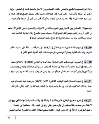 35
‫وقتادة‬ ‫ي‬
‫والنخع‬ ‫ي‬
‫والشعب‬ ‫المسيب‬ ‫ابن‬ ‫وقال‬
‫القصاص‬
‫النفس‬ ‫ي‬
‫ف‬ ‫ثابت‬ ‫والعبيد‬‫ار‬‫ر‬‫األح‬ ‫ر‬
‫بن‬
،
‫وإليه‬
‫وأصحابه‬ ‫حنيفة‬ ‫أبو‬ ‫ذهب‬
،
‫إذا‬ ‫الثوري‬ ‫سفيان‬ ‫وقال‬ ‫عمدا‬ ‫ه‬ ‫ر‬
‫لغي‬ ‫عبدا‬ ‫قتل‬ ‫فيمن‬ ‫وهذا‬
‫قتل‬
‫عبد‬
‫أو‬ ‫ه‬
‫ذلك‬ ‫ي‬
‫ف‬ ‫عنه‬ ‫اختلف‬ ‫وقد‬ ‫به‬ ‫قتل‬ ‫عمدا‬ ‫ه‬ ‫ر‬
‫غي‬ ‫عبد‬
،
‫أن‬ ‫ي‬
‫وحك‬
‫وأصحابه‬ ‫حنيفة‬ ‫ي‬
‫أب‬ ‫قول‬ ‫مثل‬ ‫قال‬ ‫ه‬
،
‫أن‬ ‫وأجمعوا‬
‫القصاص‬
‫منعه‬ ‫كان‬‫القليل‬ ‫ي‬
‫ف‬ ‫منه‬ ‫منعوا‬ ‫وإذا‬ ‫اف‬‫ر‬‫األط‬ ‫ي‬
‫ف‬ ‫ساقط‬ ‫العبيد‬ ‫ر‬
‫وبن‬‫ار‬‫ر‬‫األح‬ ‫ر‬
‫بن‬
‫أول‬ ‫ر‬
‫الكبي‬ ‫ي‬
‫ف‬
،
‫لما‬ ‫وقال‬ ‫منسوخ‬ ‫سمرة‬ ‫حديث‬ ‫أن‬ ‫إل‬ ‫العلم‬ ‫أهل‬ ‫بعض‬ ‫وذهب‬
‫فلما‬ ‫معا‬ ‫ثبتا‬ ‫ثبتا‬
‫كذلك‬‫القصاص‬ ‫سقط‬ ‫باإلجماع‬ ‫الجدع‬ ‫سقط‬ ‫لما‬ ‫يريد‬ ‫معا‬ ‫نسخا‬ ‫نسخا‬
)
79
_
‫جاء‬
‫ال‬ ‫األدلة‬ ‫عيون‬ ‫ي‬
‫ف‬
‫ي‬
‫المالك‬‫القصار‬ ‫بن‬
(
7
/
900
.. ( )
‫ثم‬
‫حكم‬ ‫سقوط‬ ‫عل‬ ‫داللة‬ ‫قامت‬
‫كقوله‬‫وصار‬ ‫تغليظ‬ ‫أنه‬ ‫وثبت‬ ‫التوعد‬
‫من‬
‫قتلناه‬ ‫عبده‬ ‫قتل‬
‫القتل‬ ‫لمنع‬ ‫تغليظ‬ ‫فإنه‬
)
08
_
‫جاء‬
‫المدي‬ ‫عالم‬ ‫مذهب‬ ‫ي‬
‫عل‬ ‫المعونة‬ ‫ي‬
‫ف‬
‫ي‬
‫القاض‬ ‫الوهاب‬ ‫لعبد‬ ‫نة‬
(
8088
( )
‫معتي‬ ‫والتكافؤ‬
‫ي‬
‫ف‬ ‫بالمساواة‬
‫اجعة‬‫ر‬‫ال‬ ‫والحرمة‬ ‫الدين‬
‫ي‬
‫إل‬
‫معاهد‬ ‫وال‬ ‫ي‬
‫ذم‬ ‫وال‬‫بكافر‬ ‫قصاصا‬ ‫مسلم‬ ‫يقتل‬ ‫فال‬ ‫الحرية‬
‫وال‬
‫المسلم‬ ‫كان‬ ‫ي‬
‫وثب‬ ‫وال‬ ‫ي‬
‫كتاب‬
‫وال‬ ‫عبدا‬‫أو‬ ‫ا‬‫ر‬‫ح‬ ‫القاتل‬
‫يقتل‬
‫حر‬
‫وال‬ ‫نفسه‬ ‫بعبد‬ ‫ال‬ ‫بعبد‬
‫ه‬ ‫ر‬
‫غي‬ ‫بعبد‬
)
08
_
‫جاء‬
‫ي‬
‫ف‬
‫المس‬ ‫عيون‬
‫ي‬
‫القاض‬ ‫الوهاب‬ ‫لعبد‬ ‫ائل‬
(
770
( )
‫ال‬
‫يقتل‬
‫حر‬
‫بعبد‬
‫عبد‬ ‫أو‬ ‫نفسه‬ ‫عبد‬
‫بن‬ ‫وزيد‬‫وعمر‬‫بكر‬ ‫ي‬
‫أب‬ ‫قول‬ ‫وهو‬ ‫ي‬
‫الشافع‬ ‫قال‬ ‫وبه‬ ‫ه‬ ‫ر‬
‫غي‬
‫ر‬
‫الزبي‬ ‫بن‬ ‫هللا‬ ‫وعبد‬ ‫ثابت‬
‫هللا‬ ‫ي‬
‫رض‬ ‫ي‬
‫وعل‬
‫عنهم‬
)
07
_
‫جاء‬
‫صحيح‬ ‫ح‬ ‫ر‬
‫ش‬ ‫ي‬
‫ف‬
‫بطال‬ ‫البن‬ ‫البخاري‬
(
0
/
799
( )
‫وقال‬
‫ثور‬‫وأبو‬ ‫والشافع‬ ‫والليث‬ ‫مالك‬
‫ال‬
‫يقتل‬
‫حر‬
‫بعبد‬
،
‫ثابت‬ ‫بن‬ ‫وزيد‬ ‫وعل‬‫وعمر‬‫بكر‬ ‫أب‬ ‫مذهب‬ ‫وهذا‬
،
‫إسحاق‬ ‫بن‬ ‫إسماعيل‬ ‫قال‬
‫التأويل‬ ‫ف‬ ‫الكوفيون‬ ‫وغلط‬
‫قوله‬ ‫معب‬ ‫ألن‬
(
‫عليه‬ ‫وكتبنا‬
‫بالنفس‬ ‫النفس‬ ‫أن‬ ‫فيها‬ ‫م‬
)
‫النفس‬ ‫ه‬ ‫إنما‬
 